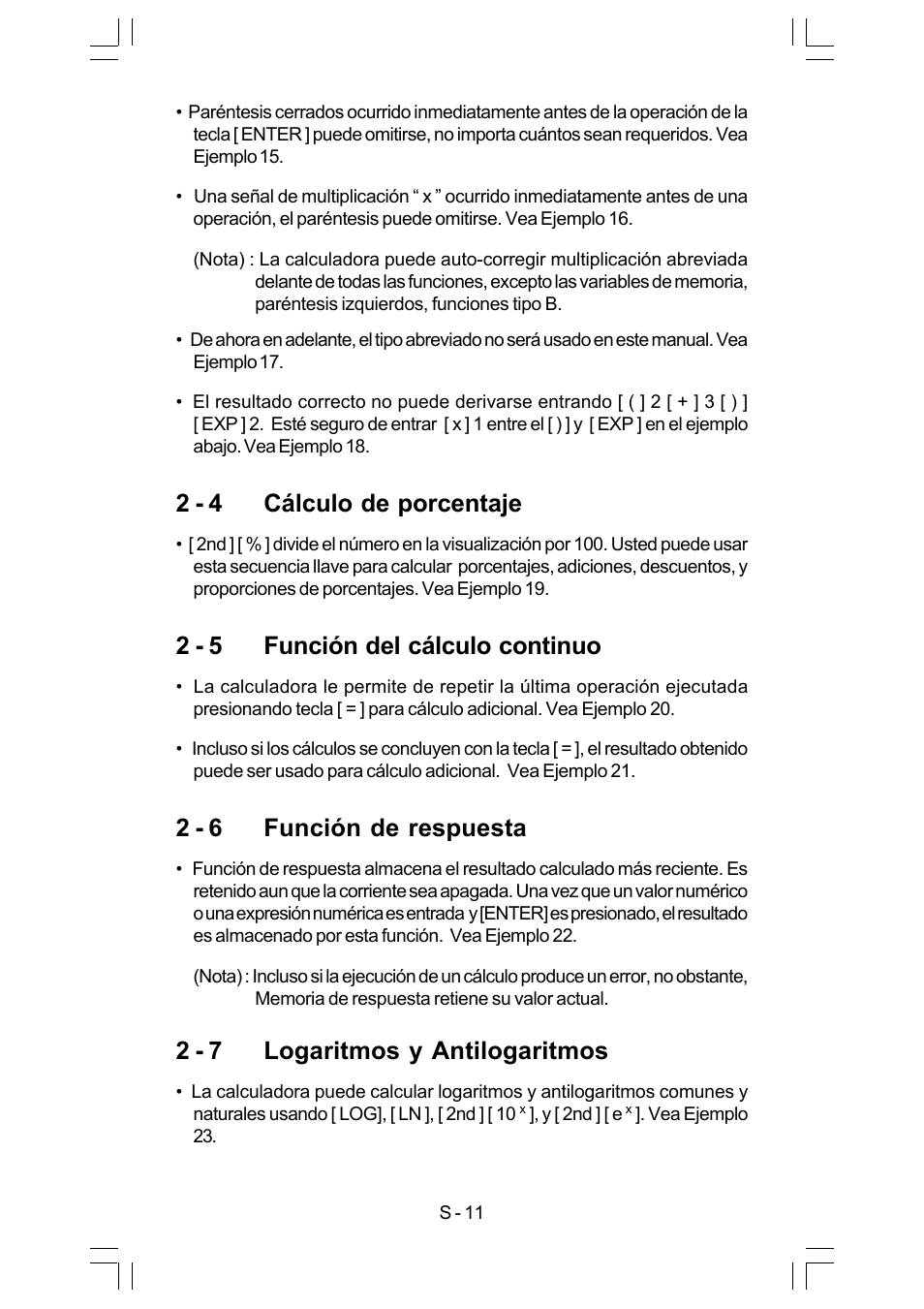 2 - 4 cálculo de porcentaje, 2 - 5 función del cálculo continuo, 2 - 6 función de respuesta | 2 - 7 logaritmos y antilogaritmos | CITIZEN SRP-280 User Manual | Page 29 / 200