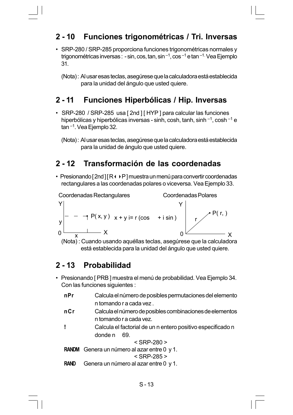 2 - 10 funciones trigonométricas / tri. inversas, 2 - 11 funciones hiperbólicas / hip. inversas, 2 - 12 transformación de las coordenadas | 2 - 13 probabilidad | CITIZEN SRP-280 User Manual | Page 31 / 200