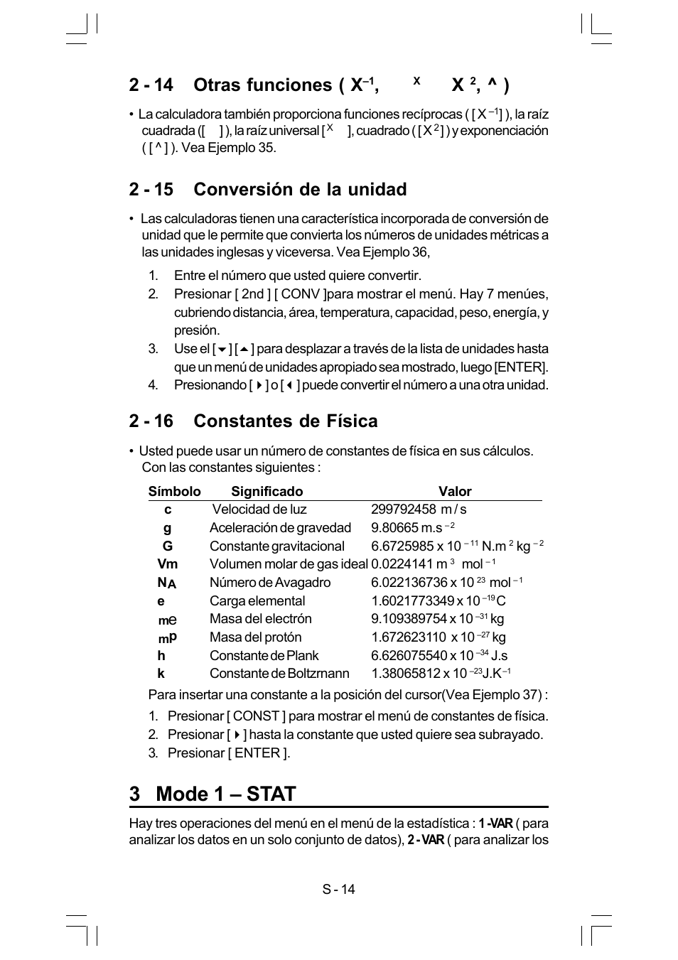 3 mode 1 – stat, 2 - 14 otras funciones ( x, 2 - 15 conversión de la unidad | 2 - 16 constantes de física | CITIZEN SRP-280 User Manual | Page 32 / 200