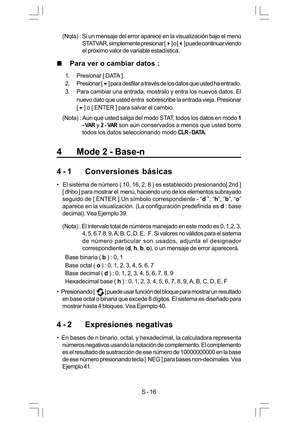 4mode 2 - base-n, 4 - 1 conversiones básicas, 4 - 2 expresiones negativas | CITIZEN SRP-280 User Manual | Page 34 / 200