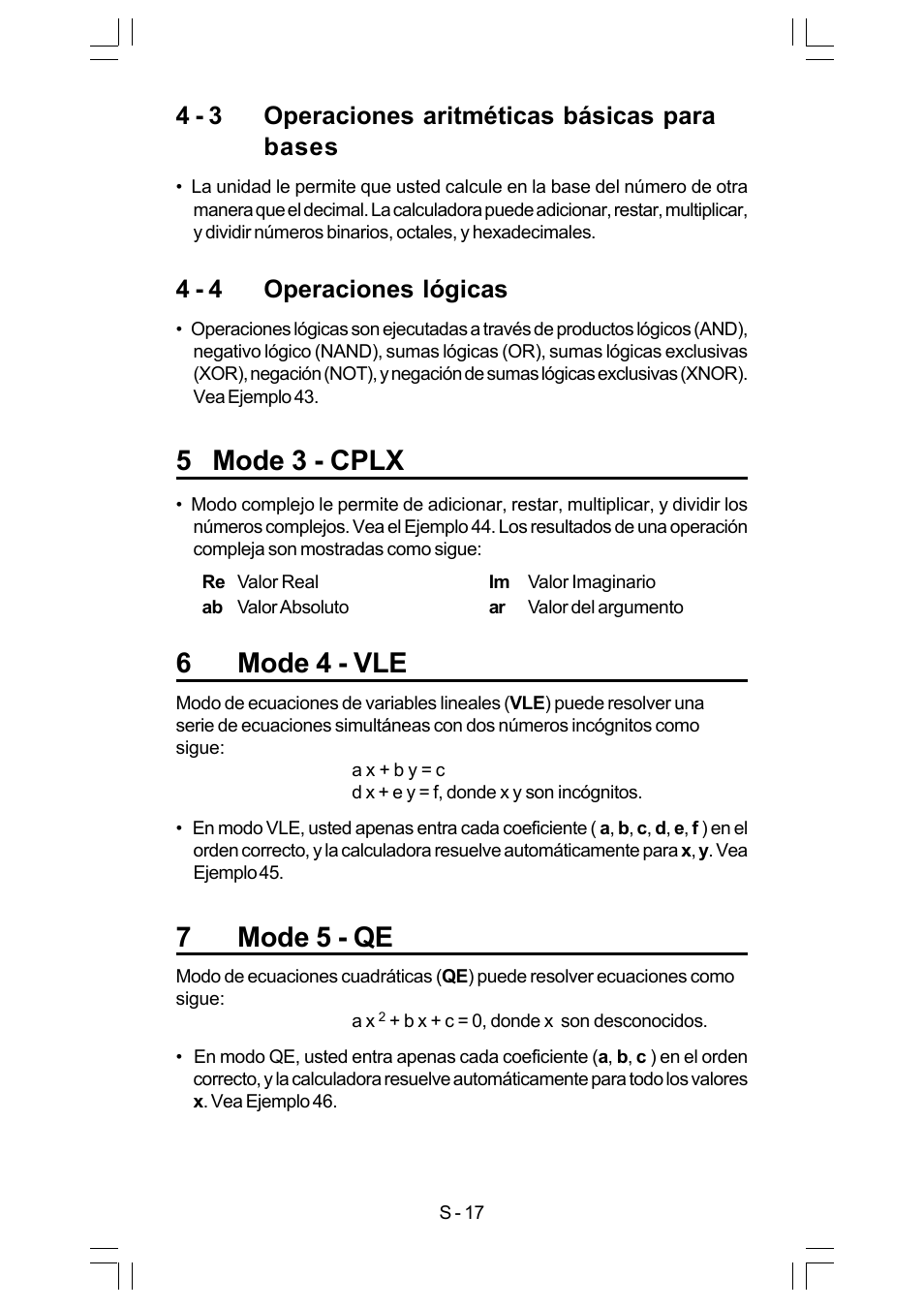 5 mode 3 - cplx, 6mode 4 - vle, 7mode 5 - qe | 4 - 3 operaciones aritméticas básicas para bases, 4 - 4 operaciones lógicas | CITIZEN SRP-280 User Manual | Page 35 / 200