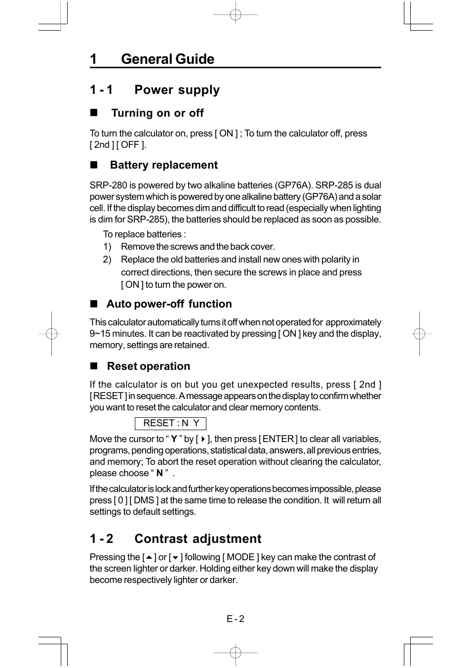 1general guide, 1 - 1 power supply, 1 - 2 contrast adjustment | CITIZEN SRP-280 User Manual | Page 4 / 200