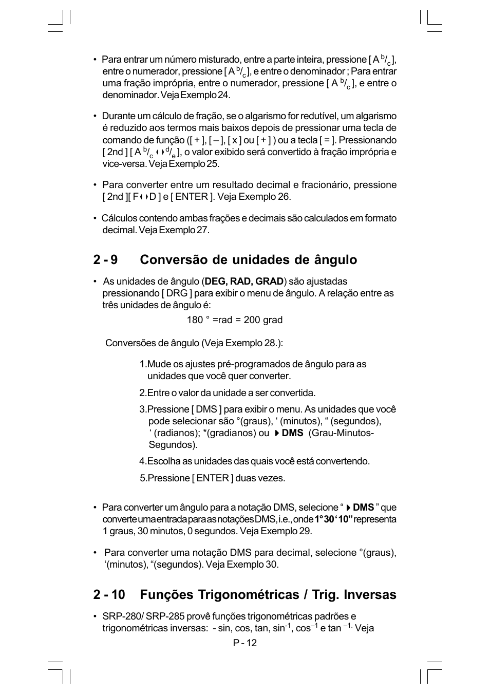 2 - 9 conversão de unidades de ângulo, 2 - 10 funções trigonométricas / trig. inversas | CITIZEN SRP-280 User Manual | Page 47 / 200