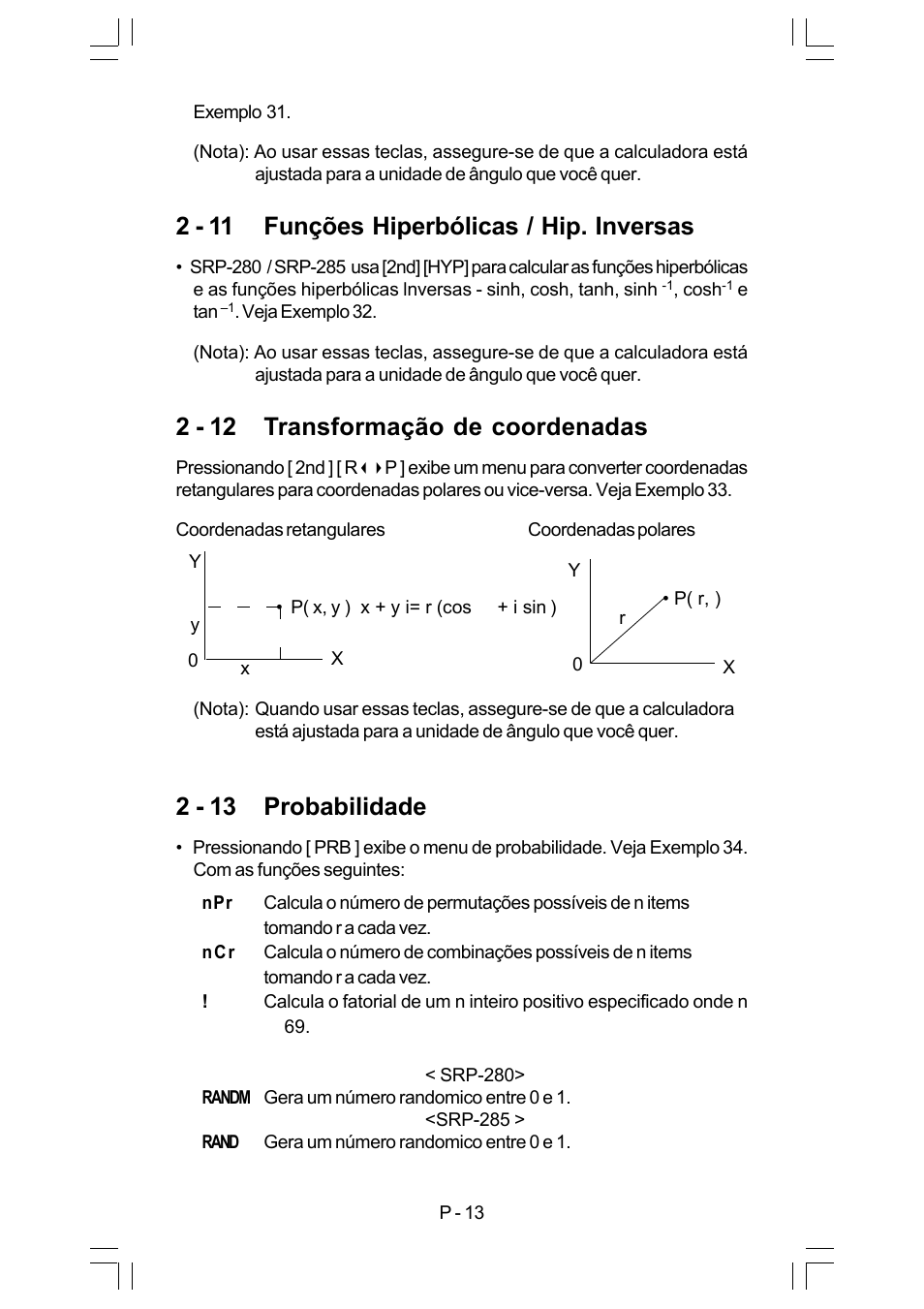 2 - 11 funções hiperbólicas / hip. inversas, 2 - 12 transformação de coordenadas, 2 - 13 probabilidade | CITIZEN SRP-280 User Manual | Page 48 / 200