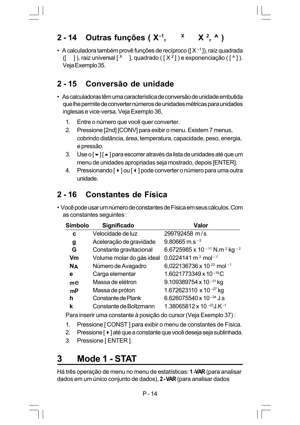 3mode 1 - stat, 2 - 14 outras funções ( x, 2 - 15 conversão de unidade | 2 - 16 constantes de física | CITIZEN SRP-280 User Manual | Page 49 / 200