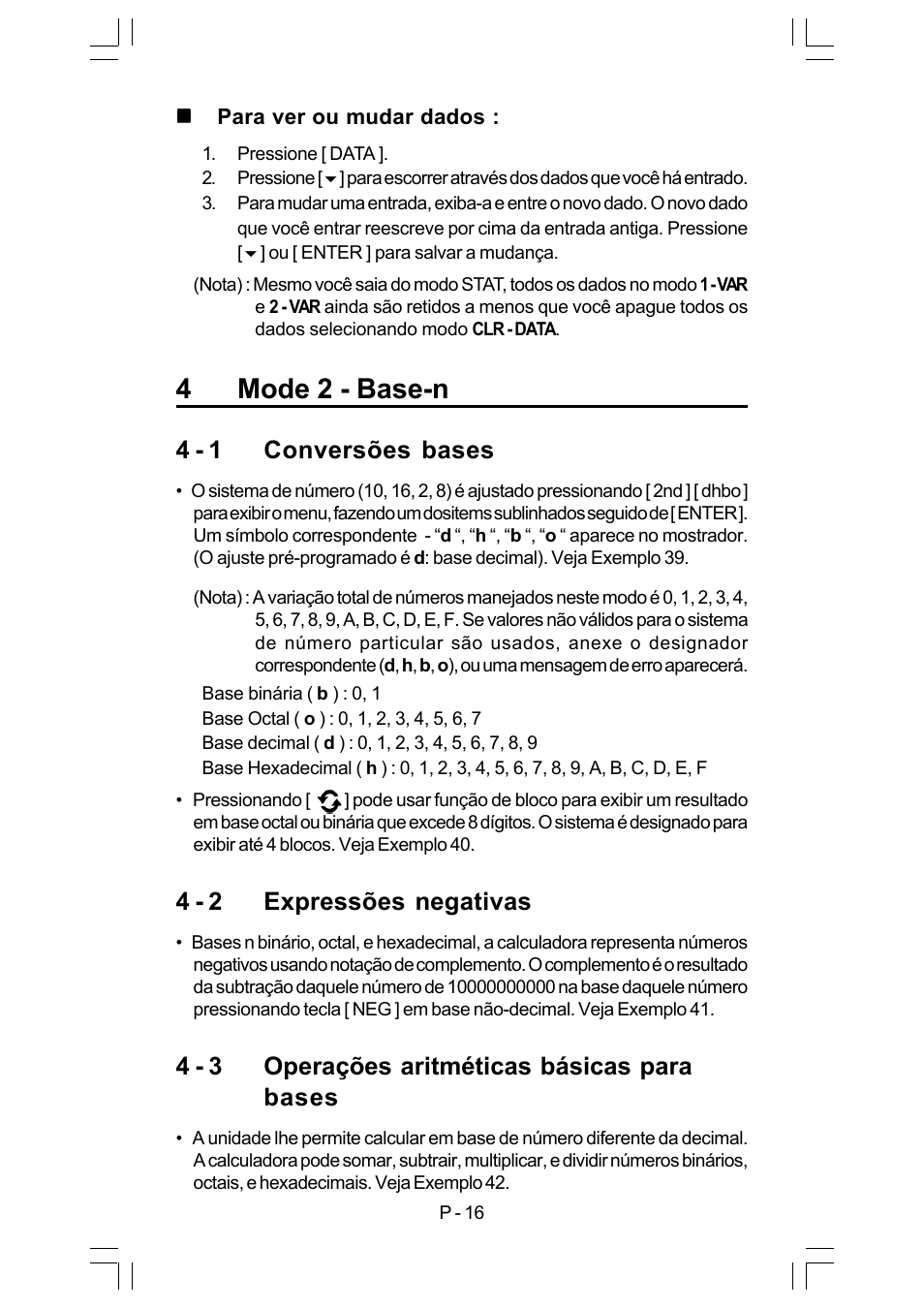 4mode 2 - base-n, 4 - 1 conversões bases, 4 - 2 expressões negativas | 4 - 3 operações aritméticas básicas para bases | CITIZEN SRP-280 User Manual | Page 51 / 200