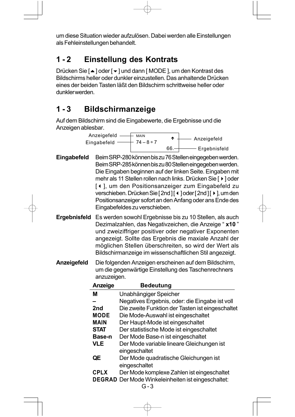 1 - 2 einstellung des kontrats, 1 - 3 bildschirmanzeige | CITIZEN SRP-280 User Manual | Page 55 / 200
