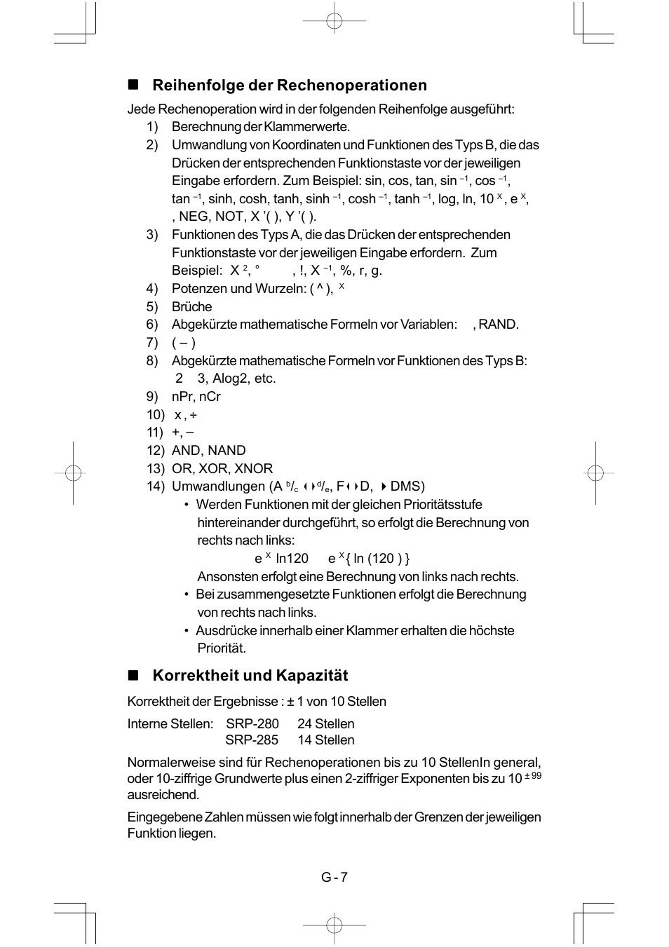 Reihenfolge der rechenoperationen, Korrektheit und kapazität | CITIZEN SRP-280 User Manual | Page 59 / 200