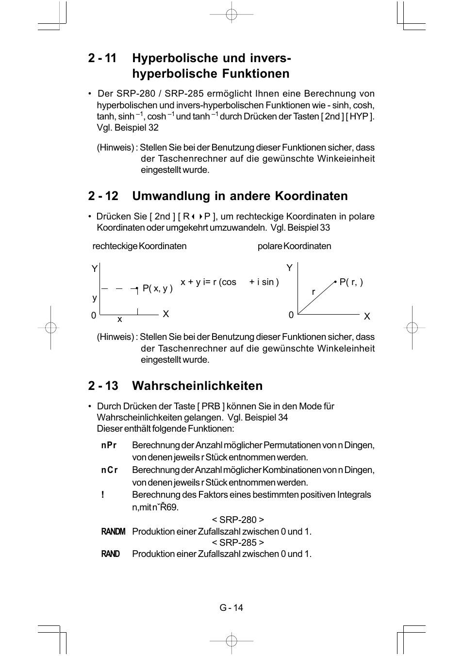 2 - 12 umwandlung in andere koordinaten, 2 - 13 wahrscheinlichkeiten | CITIZEN SRP-280 User Manual | Page 66 / 200