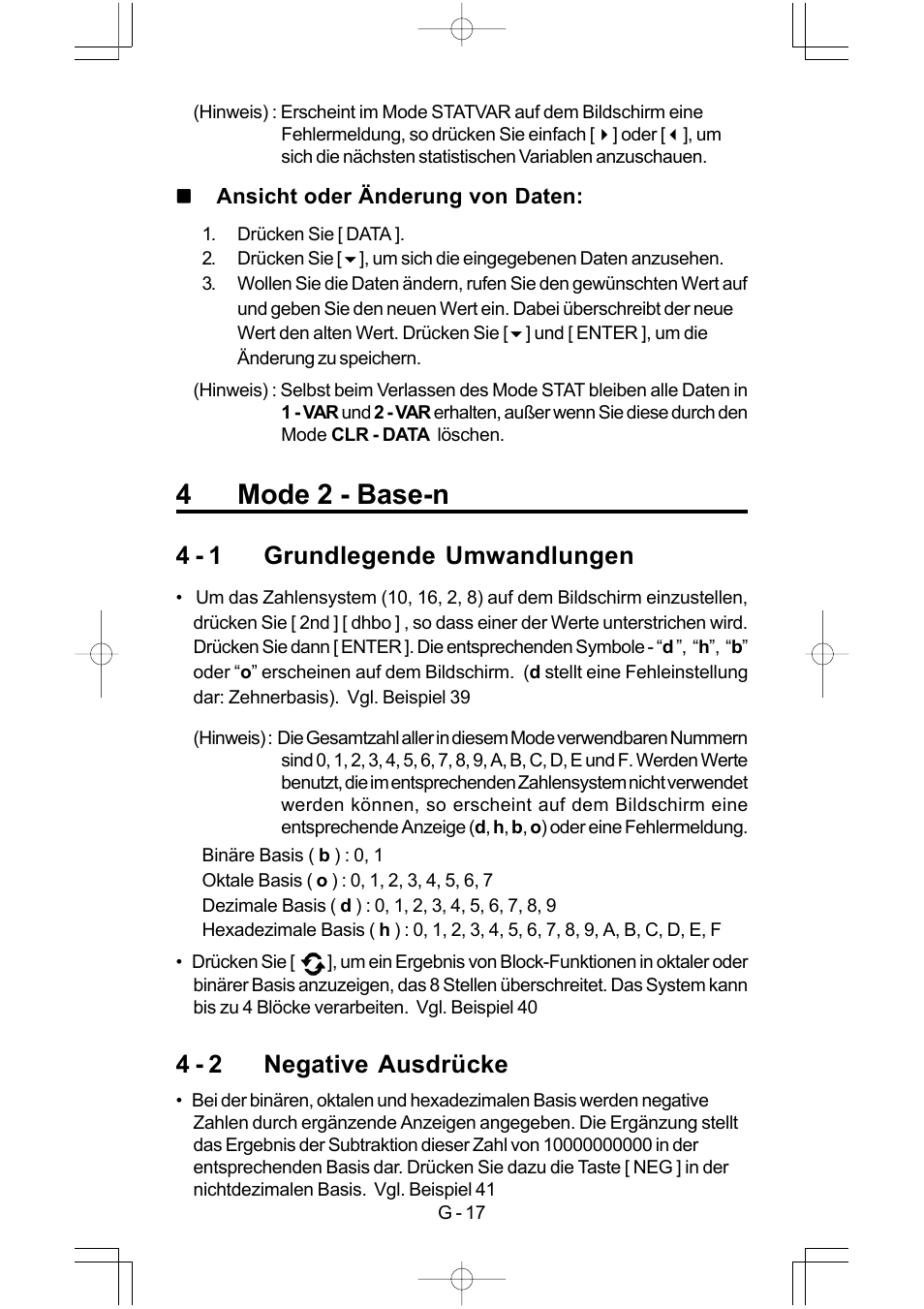 4mode 2 - base-n, 4 - 1 grundlegende umwandlungen, 4 - 2 negative ausdrücke | CITIZEN SRP-280 User Manual | Page 69 / 200