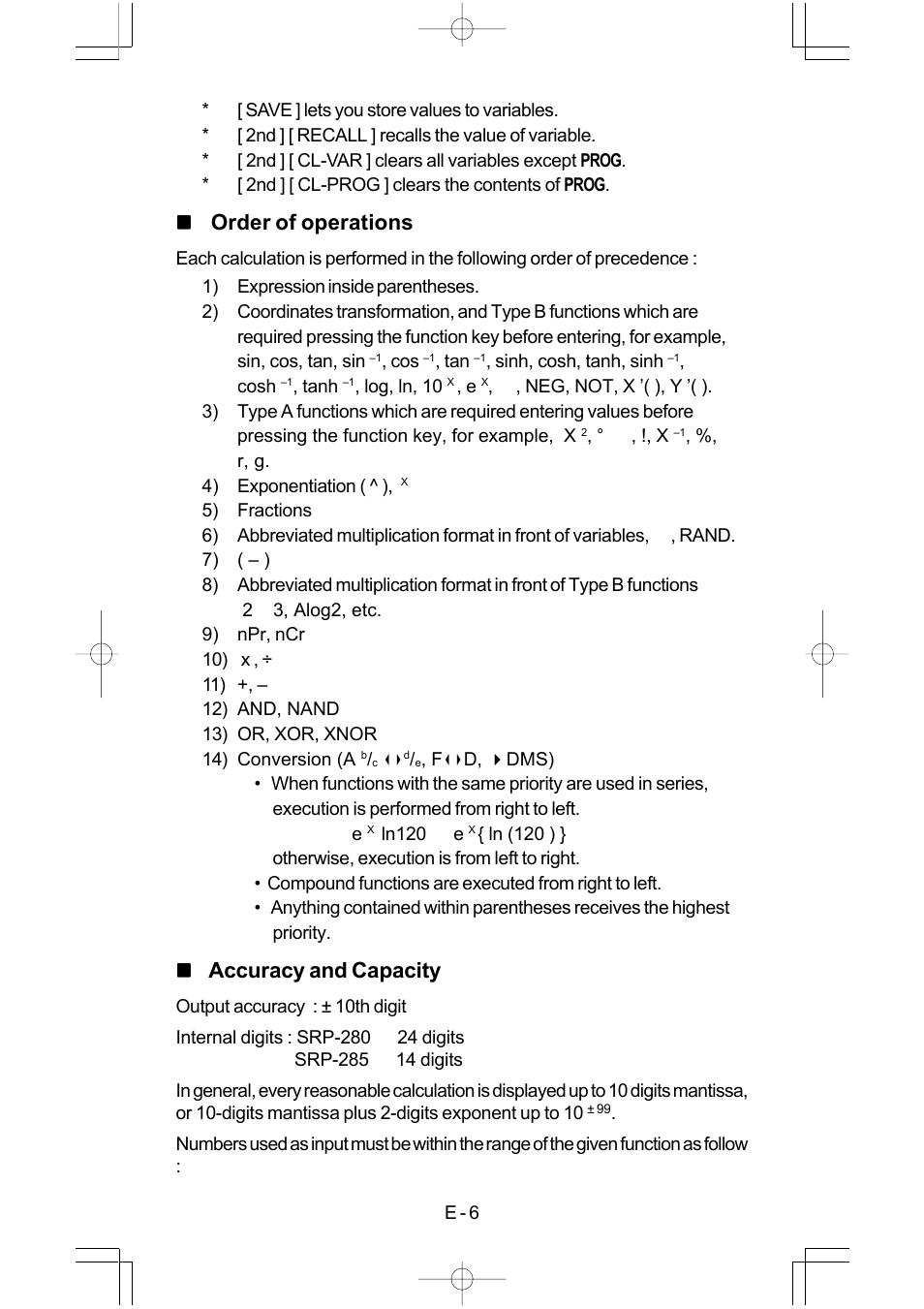 Order of operations, Accuracy and capacity | CITIZEN SRP-280 User Manual | Page 8 / 200
