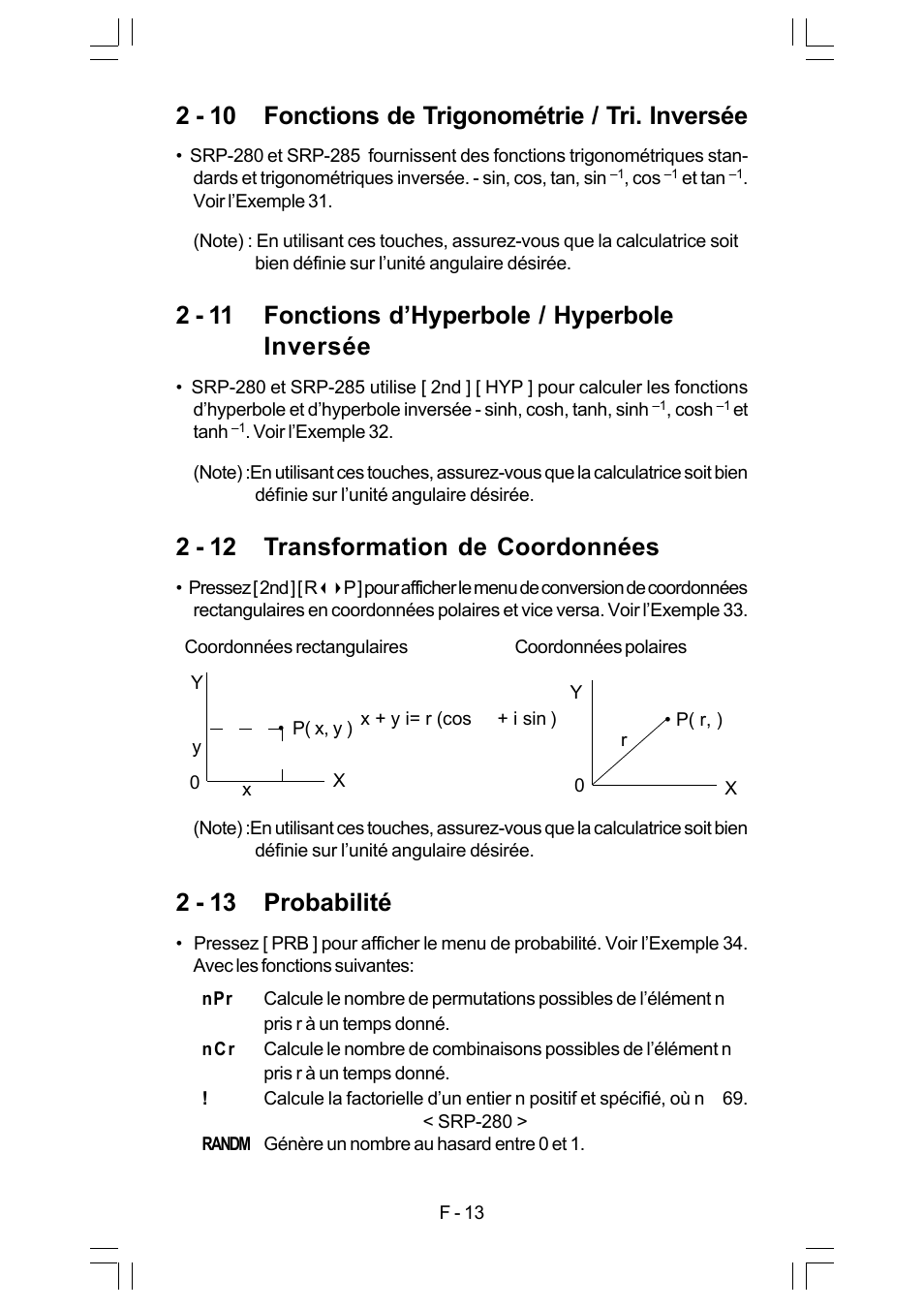 2 - 10 fonctions de trigonométrie / tri. inversée, 2 - 11 fonctions d’hyperbole / hyperbole inversée, 2 - 12 transformation de coordonnées | 2 - 13 probabilité | CITIZEN SRP-280 User Manual | Page 83 / 200