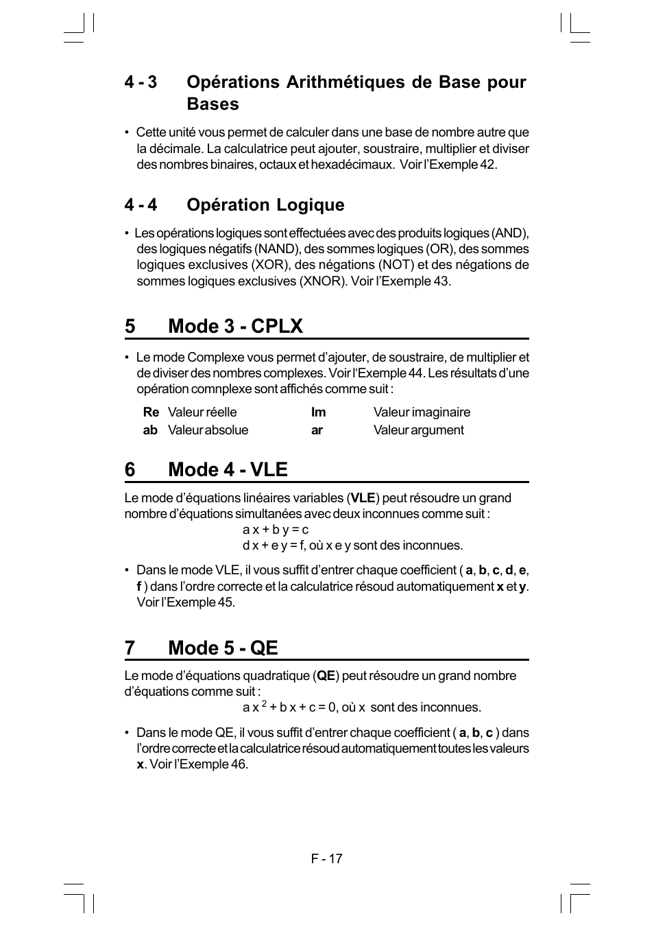 5mode 3 - cplx, 6mode 4 - vle, 7mode 5 - qe | 4 - 3 opérations arithmétiques de base pour bases, 4 - 4 opération logique | CITIZEN SRP-280 User Manual | Page 87 / 200