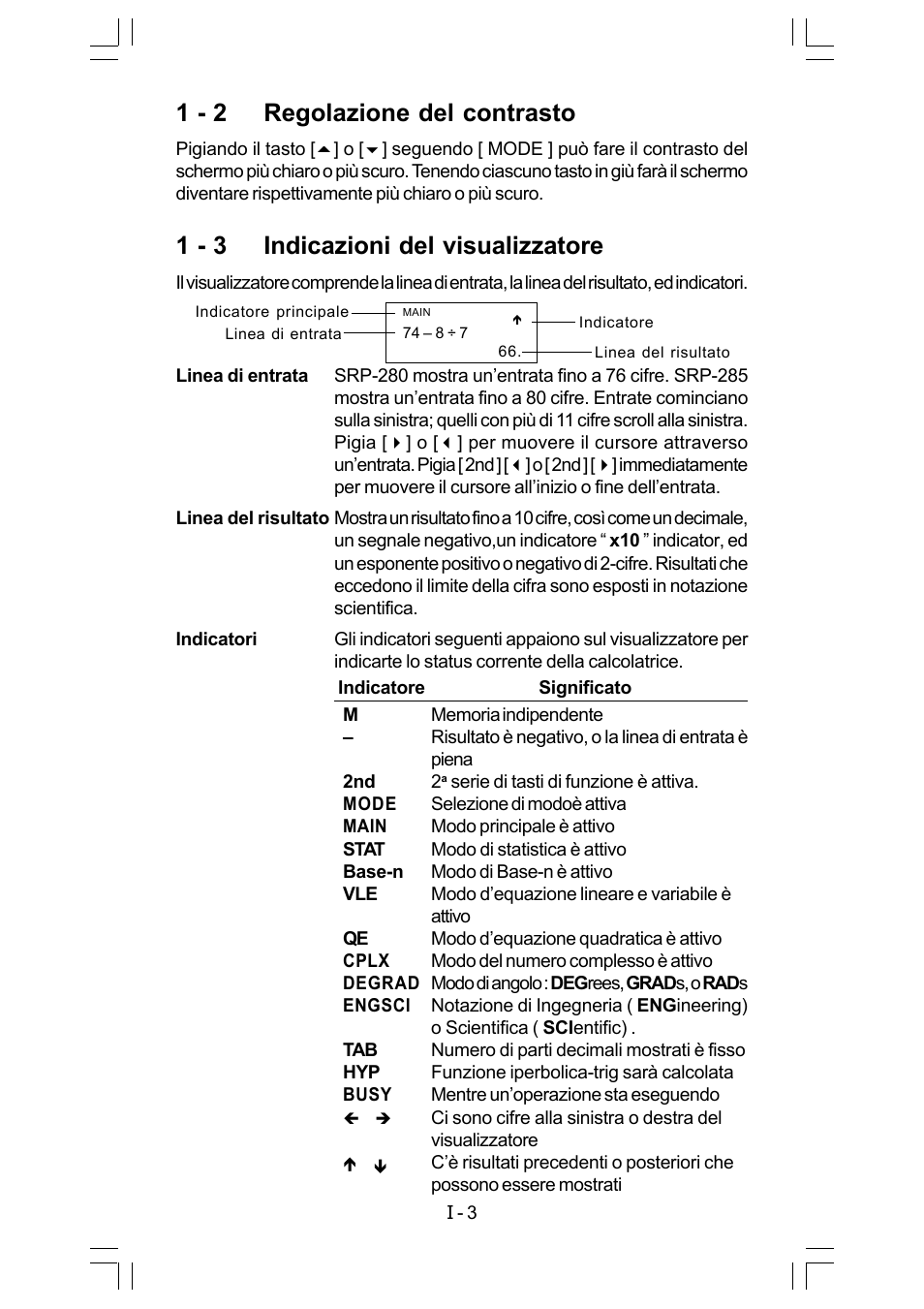 1 - 2 regolazione del contrasto, 1 - 3 indicazioni del visualizzatore | CITIZEN SRP-280 User Manual | Page 90 / 200