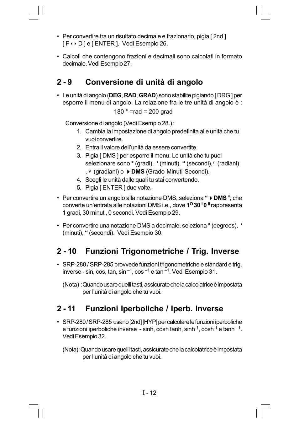 2 - 9 conversione di unità di angolo, 2 - 10 funzioni trigonometriche / trig. inverse, 2 - 11 funzioni iperboliche / iperb. inverse | CITIZEN SRP-280 User Manual | Page 99 / 200