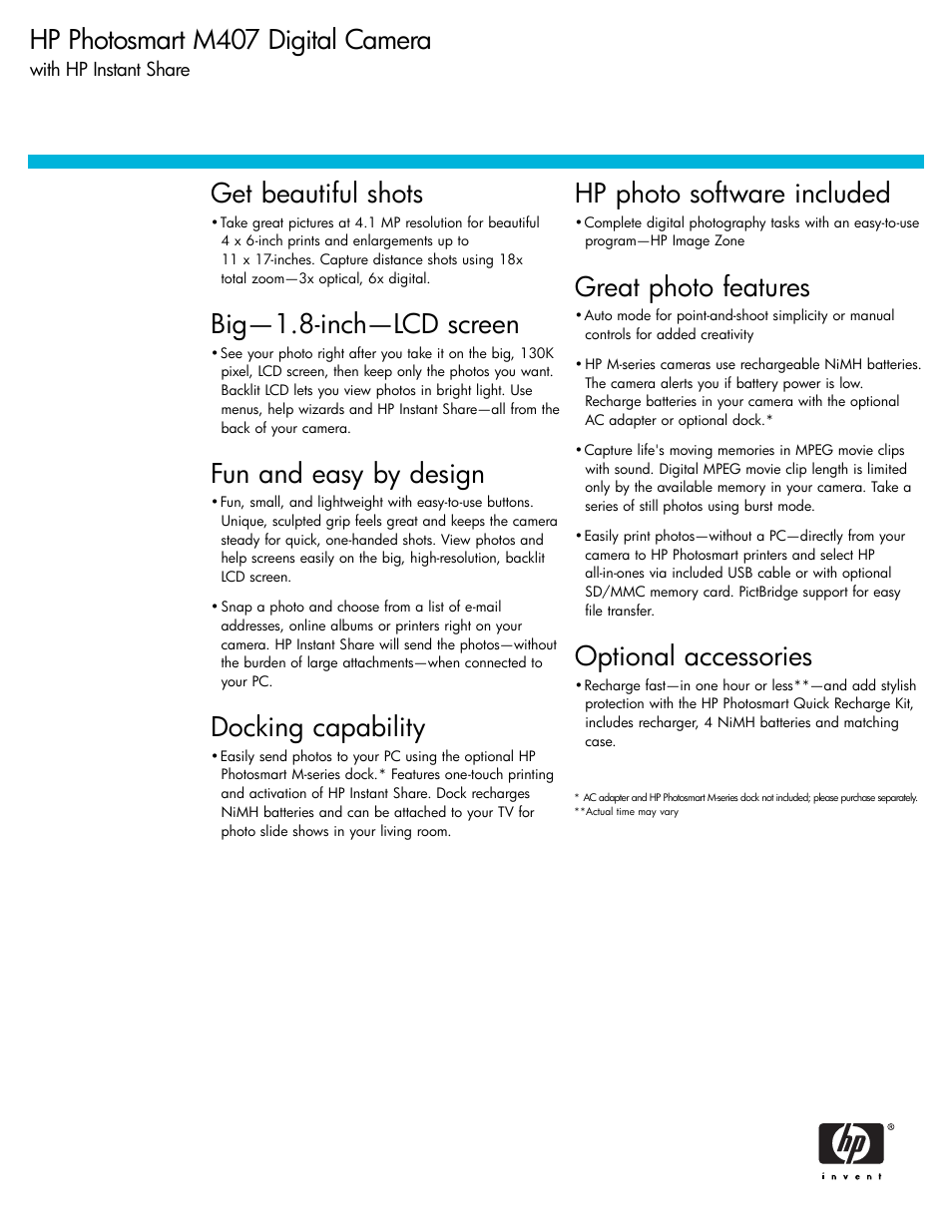 Get beautiful shots, Big—1.8-inch—lcd screen, Fun and easy by design | Docking capability, Hp photo software included, Great photo features, Optional accessories, Hp photosmart m407 digital camera | HP M407 User Manual | Page 2 / 4