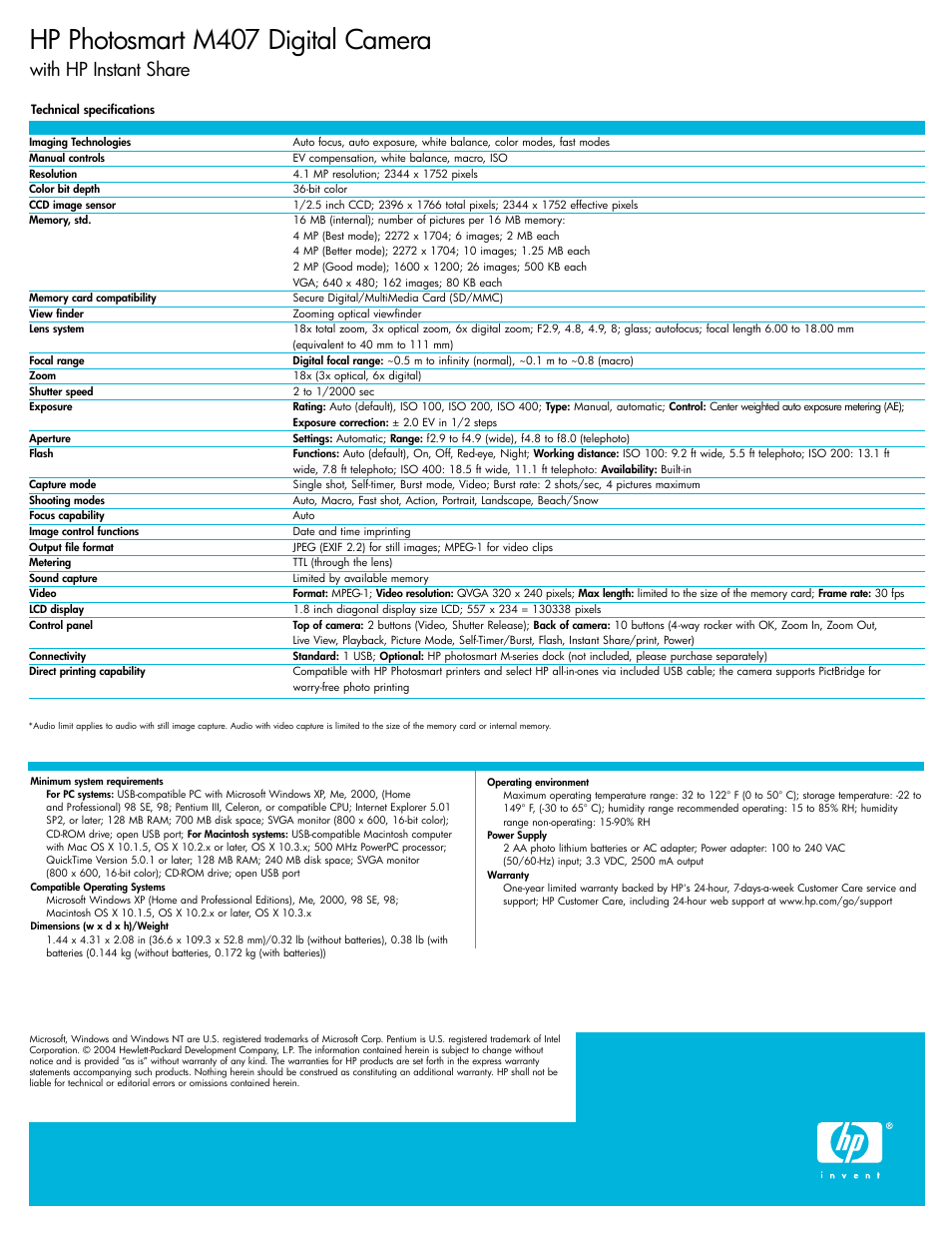 Hp photosmart m407 digital camera, With hp instant share | HP M407 User Manual | Page 3 / 4