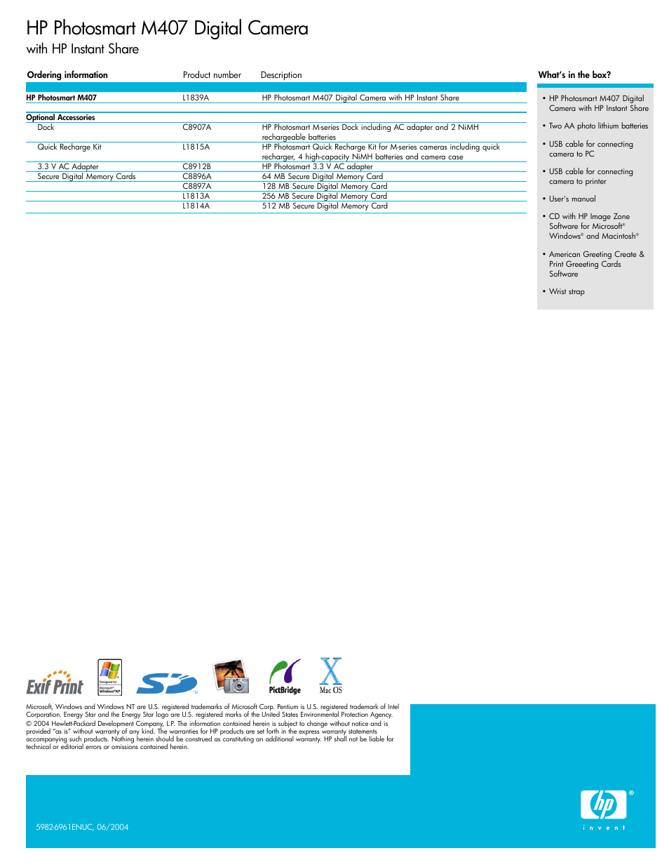 Hp photosmart m407 digital camera, With hp instant share | HP M407 User Manual | Page 4 / 4