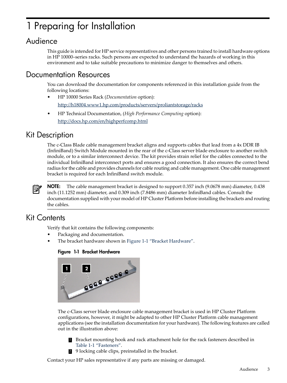 1 preparing for installation, Audience, Documentation resources | Kit description, Kit contents | HP 5991-6764 User Manual | Page 3 / 8