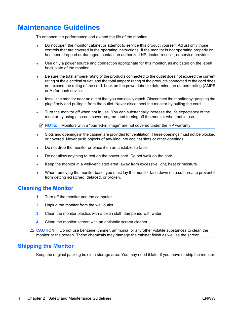 Maintenance guidelines, Cleaning the monitor, Shipping the monitor | Cleaning the monitor shipping the monitor | HP Monitor LE1901wm User Manual | Page 10 / 45