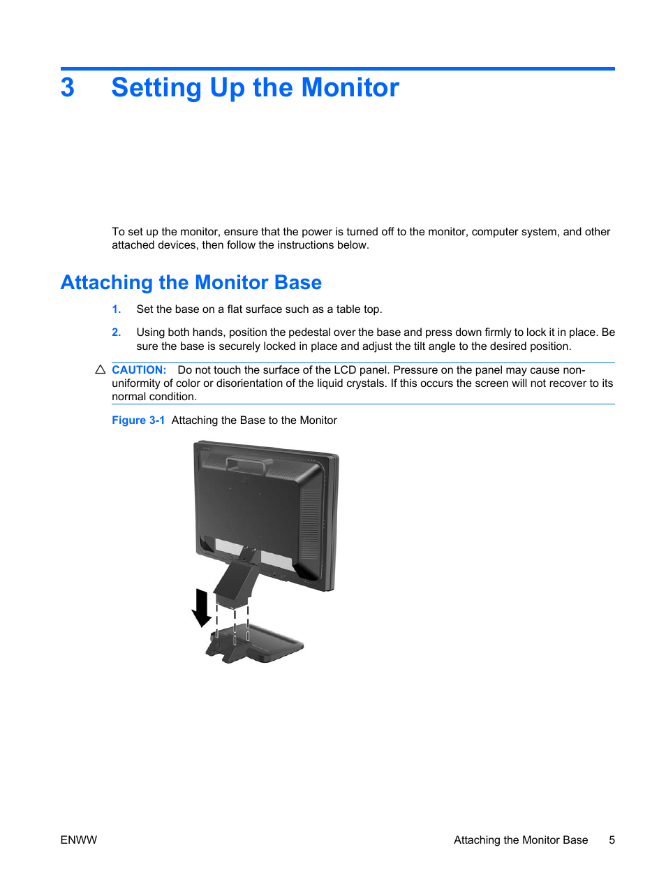 Setting up the monitor, Attaching the monitor base, 3 setting up the monitor | 3setting up the monitor | HP Monitor LE1901wm User Manual | Page 11 / 45