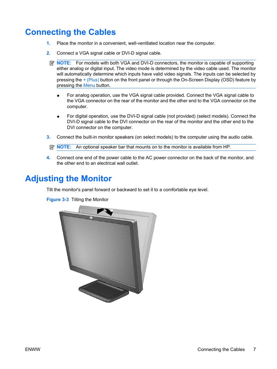 Connecting the cables, Adjusting the monitor, Connecting the cables adjusting the monitor | HP Monitor LE1901wm User Manual | Page 13 / 45