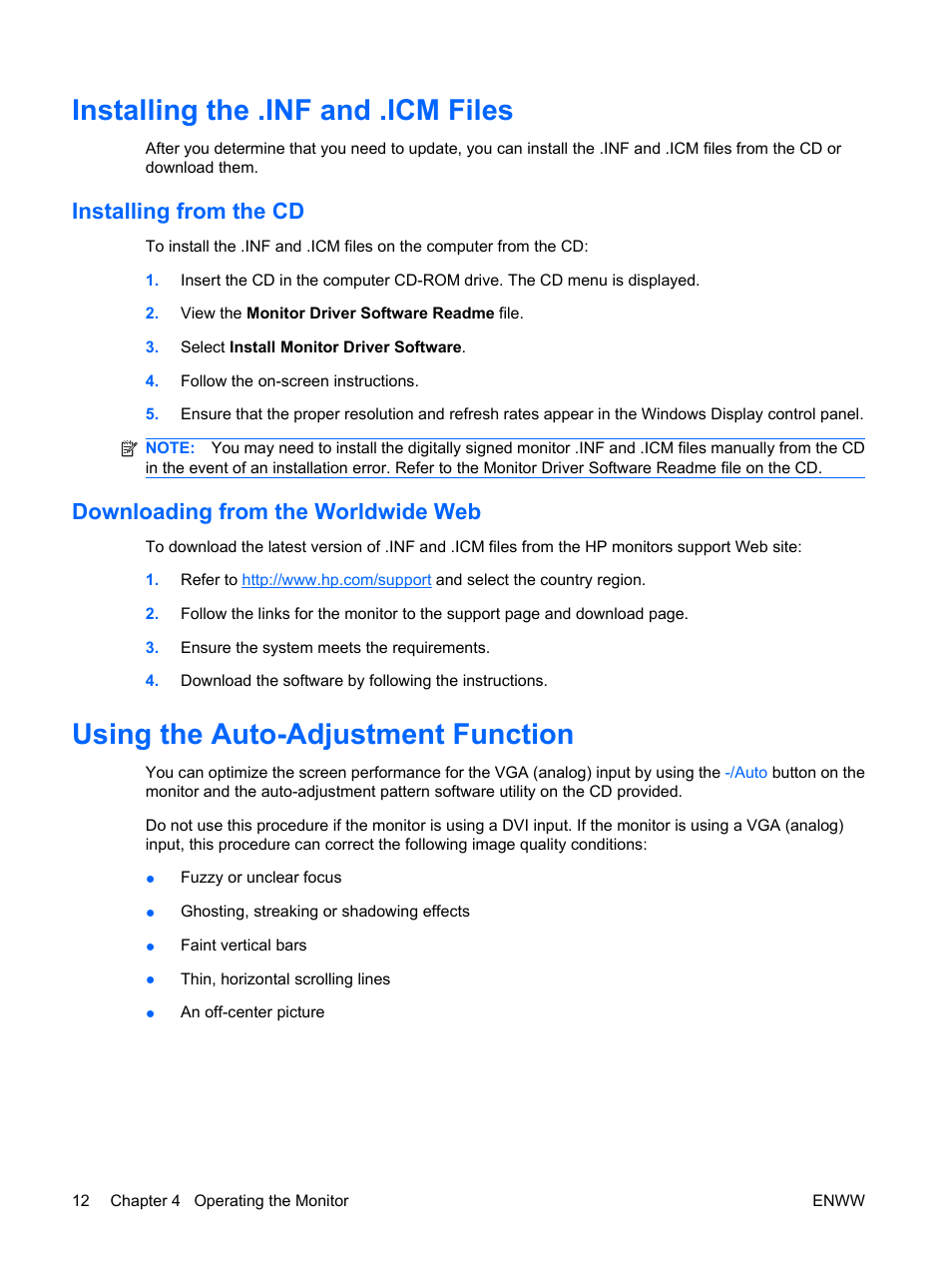 Installing the .inf and .icm files, Installing from the cd, Downloading from the worldwide web | Using the auto-adjustment function | HP Monitor LE1901wm User Manual | Page 18 / 45