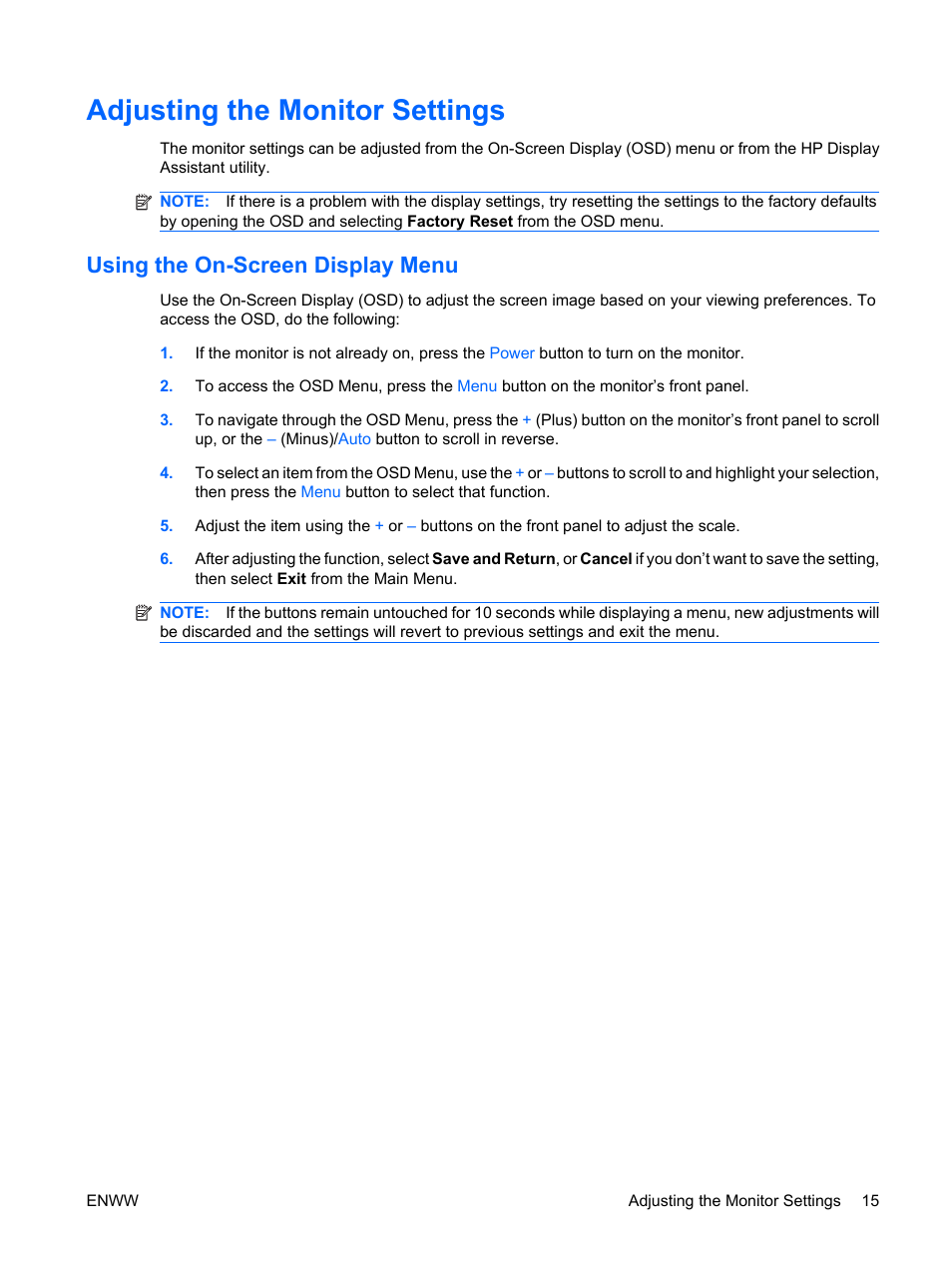 Adjusting the monitor settings, Using the on-screen display menu | HP Monitor LE1901wm User Manual | Page 21 / 45
