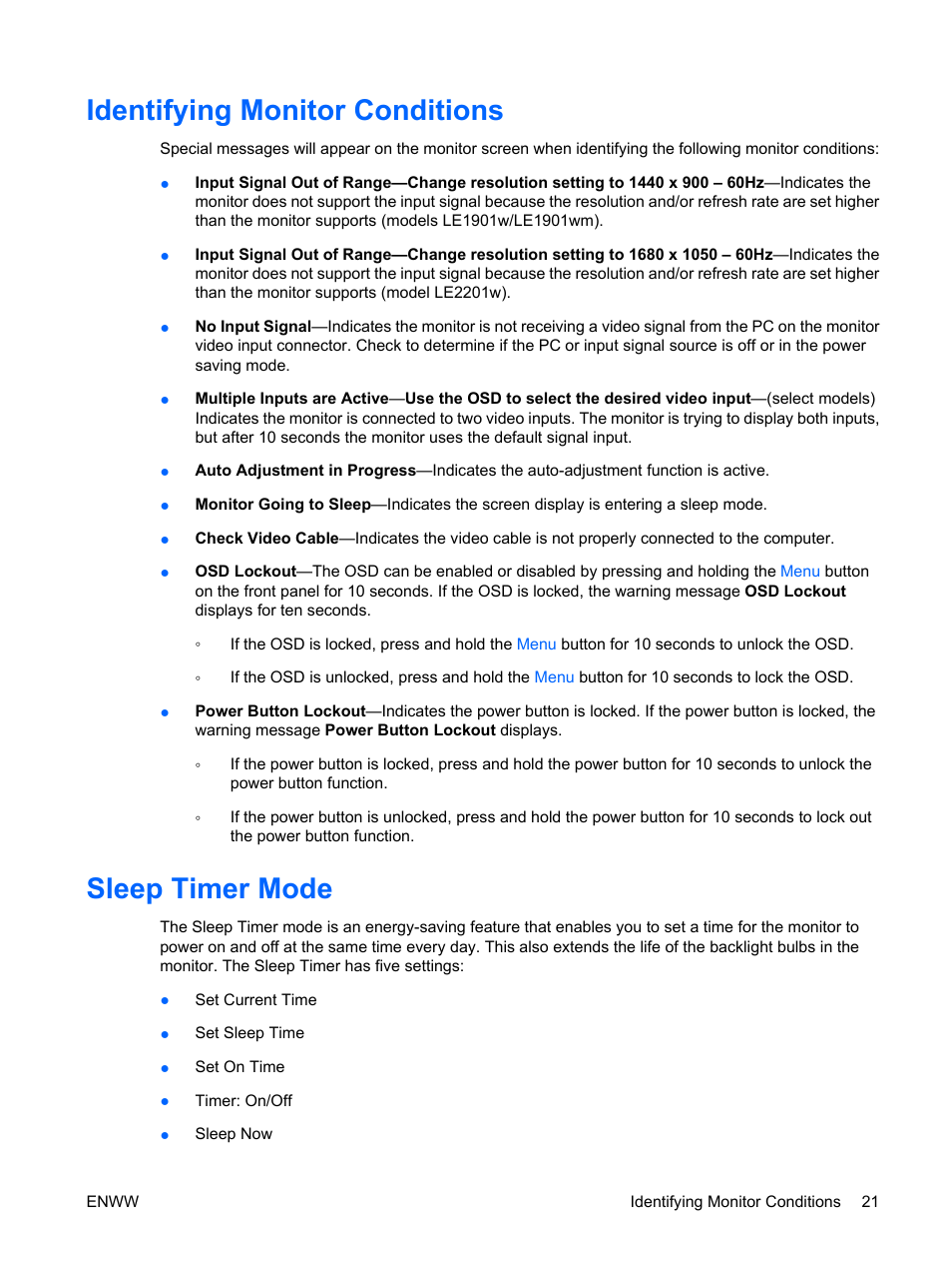 Identifying monitor conditions, Sleep timer mode, Identifying monitor conditions sleep timer mode | HP Monitor LE1901wm User Manual | Page 27 / 45