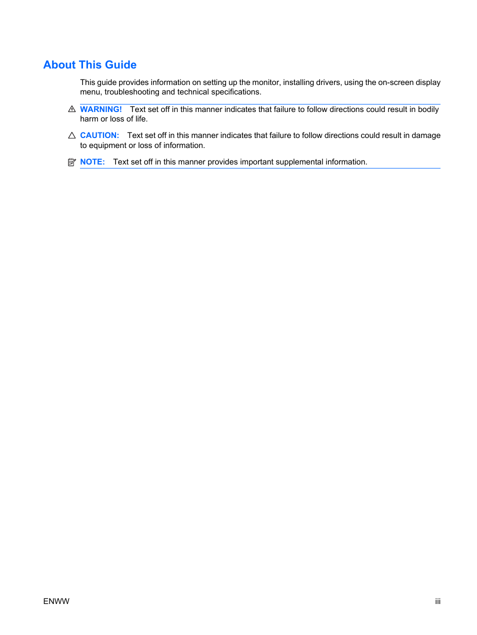 About this guide | HP Monitor LE1901wm User Manual | Page 3 / 45