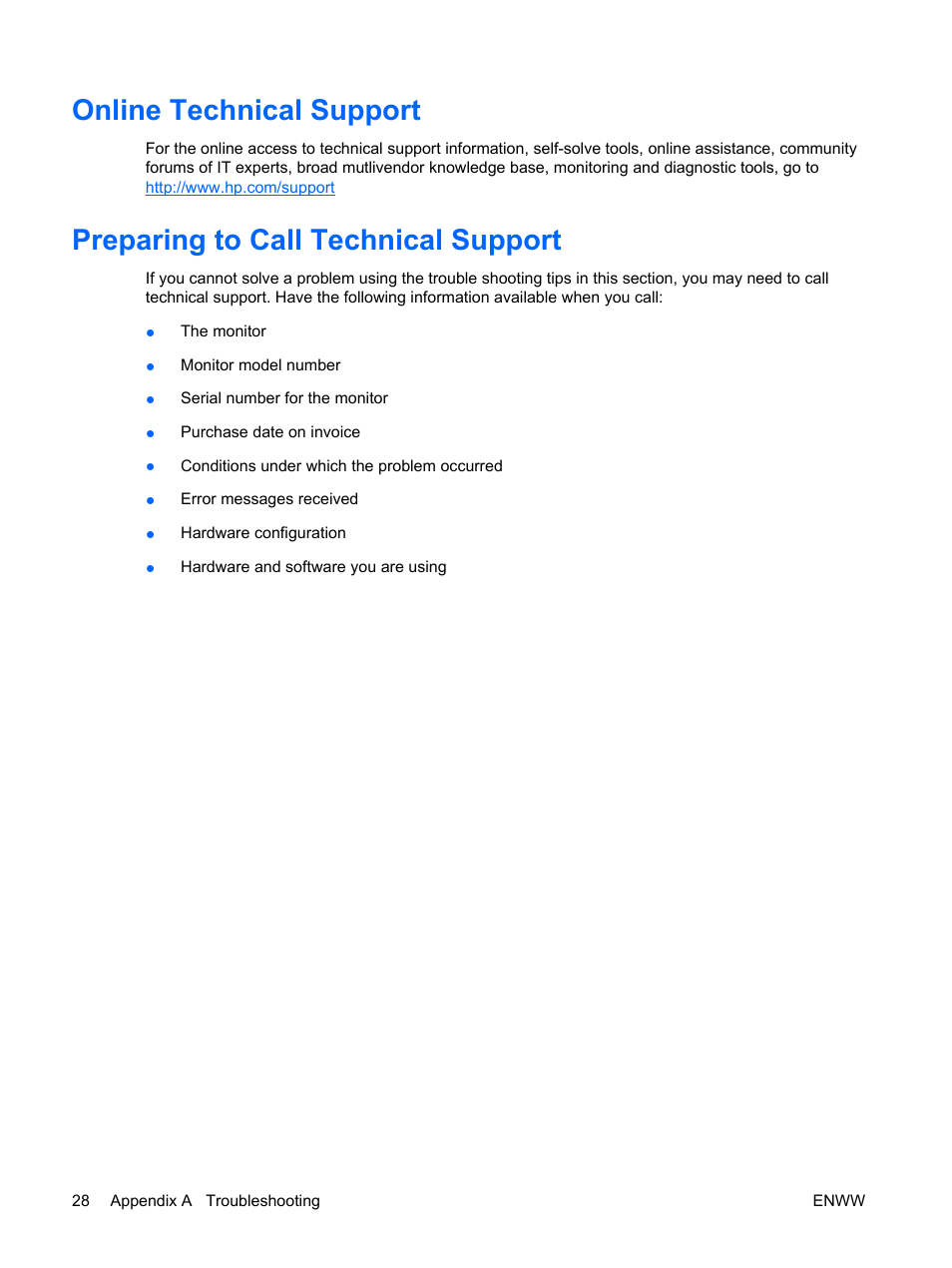 Online technical support, Preparing to call technical support | HP Monitor LE1901wm User Manual | Page 34 / 45