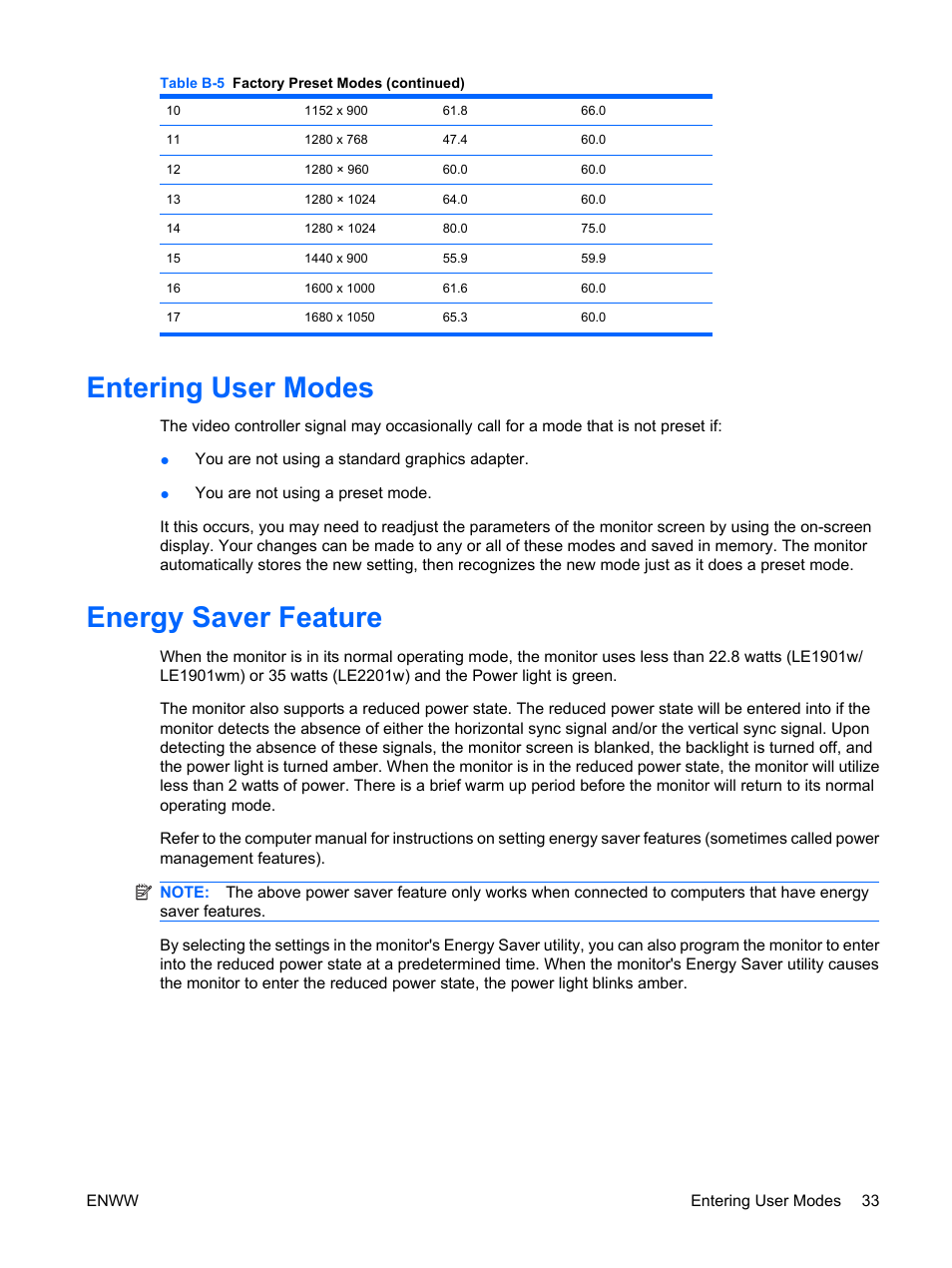 Entering user modes, Energy saver feature, Entering user modes energy saver feature | HP Monitor LE1901wm User Manual | Page 39 / 45