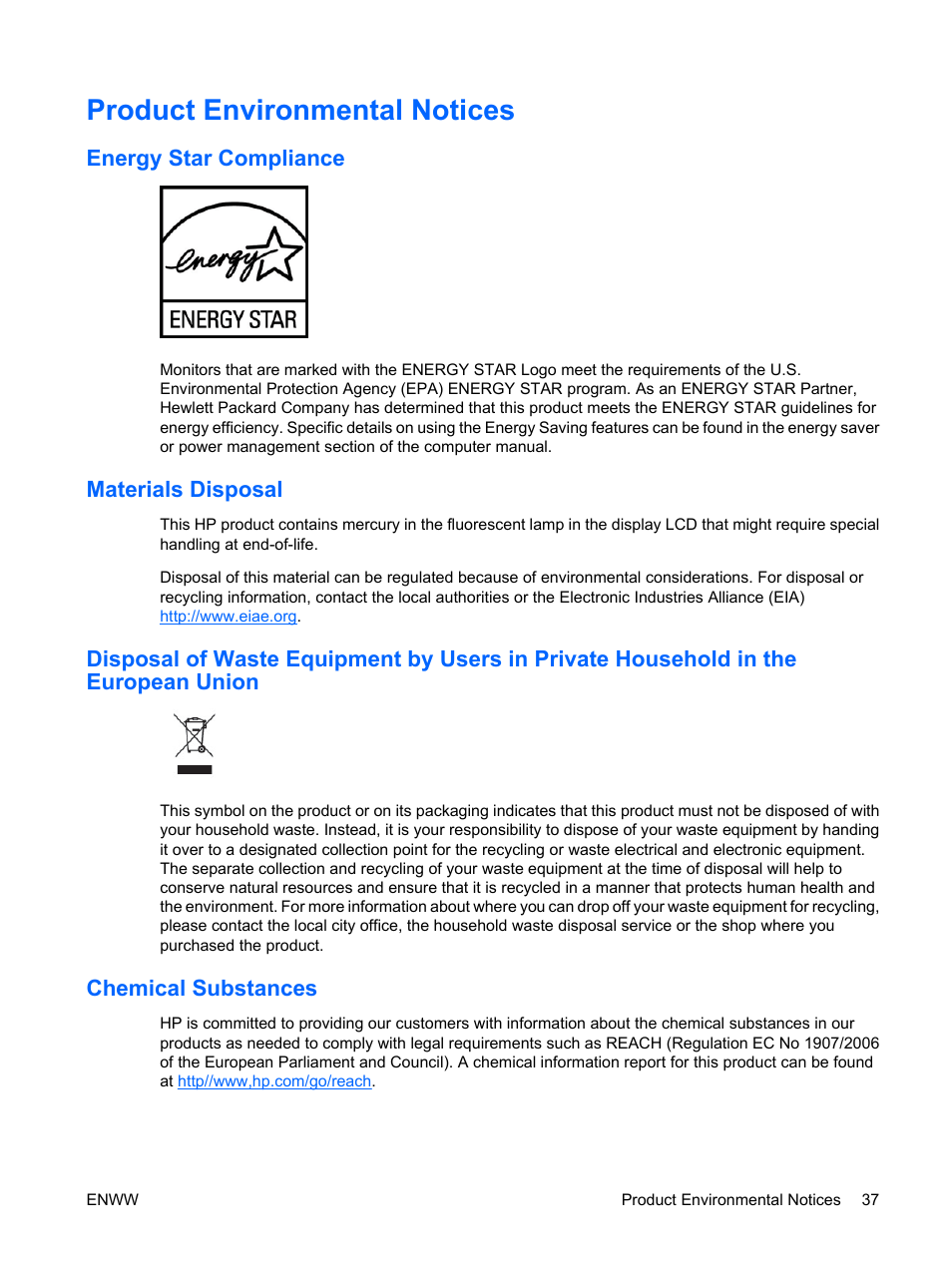 Product environmental notices, Energy star compliance, Materials disposal | Chemical substances | HP Monitor LE1901wm User Manual | Page 43 / 45