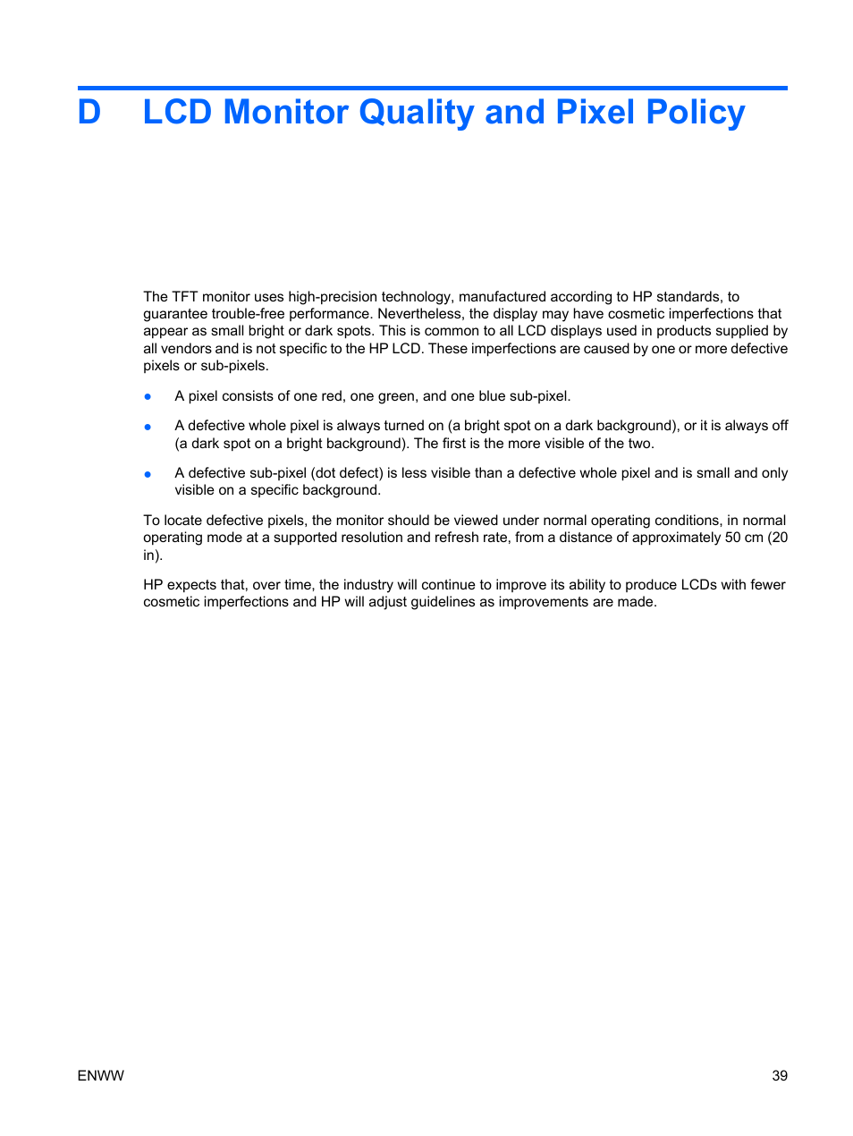 Lcd monitor quality and pixel policy, Appendix d lcd monitor quality and pixel policy, Dlcd monitor quality and pixel policy | HP Monitor LE1901wm User Manual | Page 45 / 45