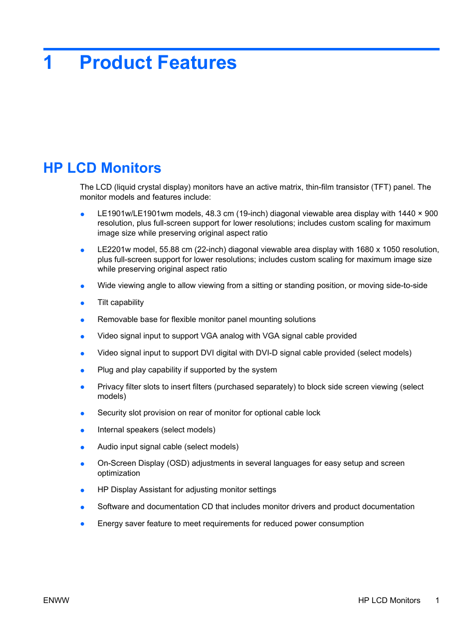 Product features, Hp lcd monitors, 1 product features | 1product features | HP Monitor LE1901wm User Manual | Page 7 / 45