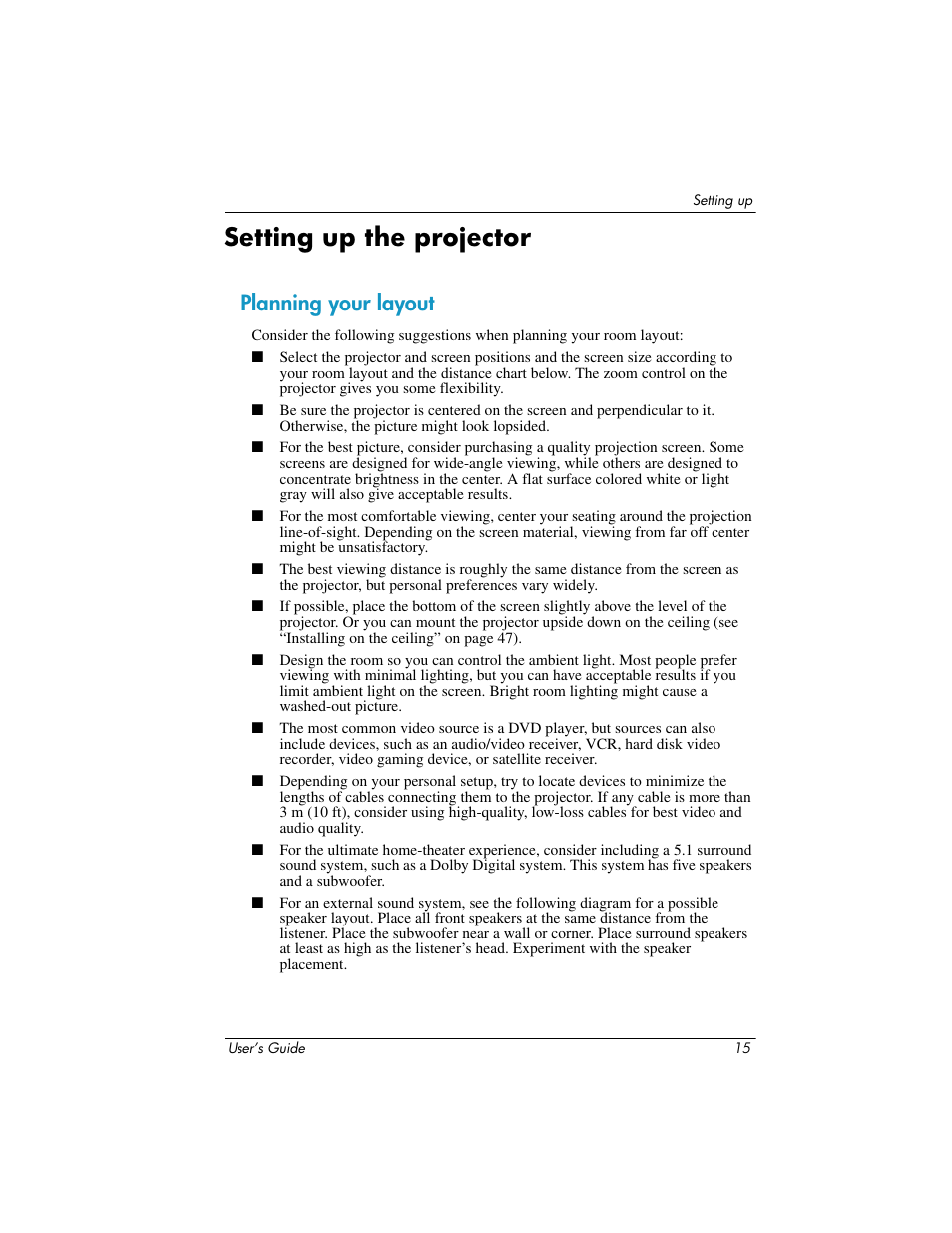 Setting up the projector, Planning your layout | HP ep7100 Series User Manual | Page 15 / 84