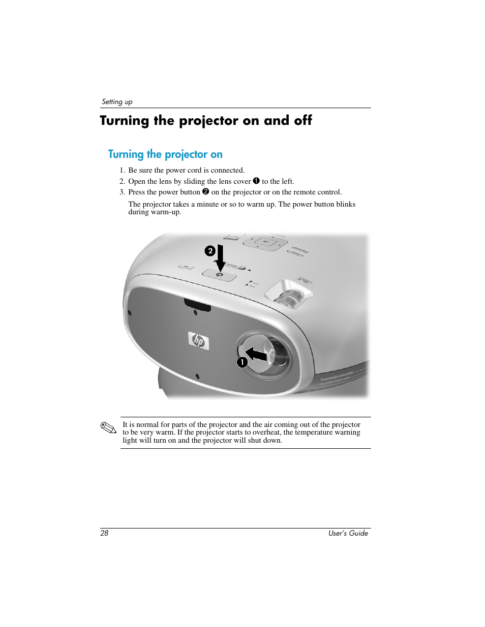 Turning the projector on and off, Turning the projector on | HP ep7100 Series User Manual | Page 28 / 84