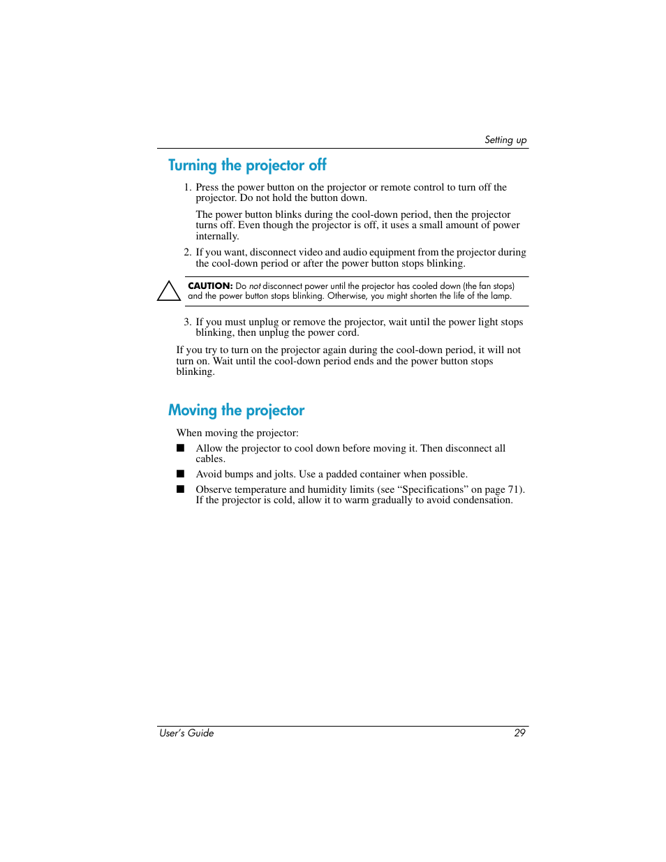 Turning the projector off, Moving the projector, Turning the projector off moving the projector | HP ep7100 Series User Manual | Page 29 / 84