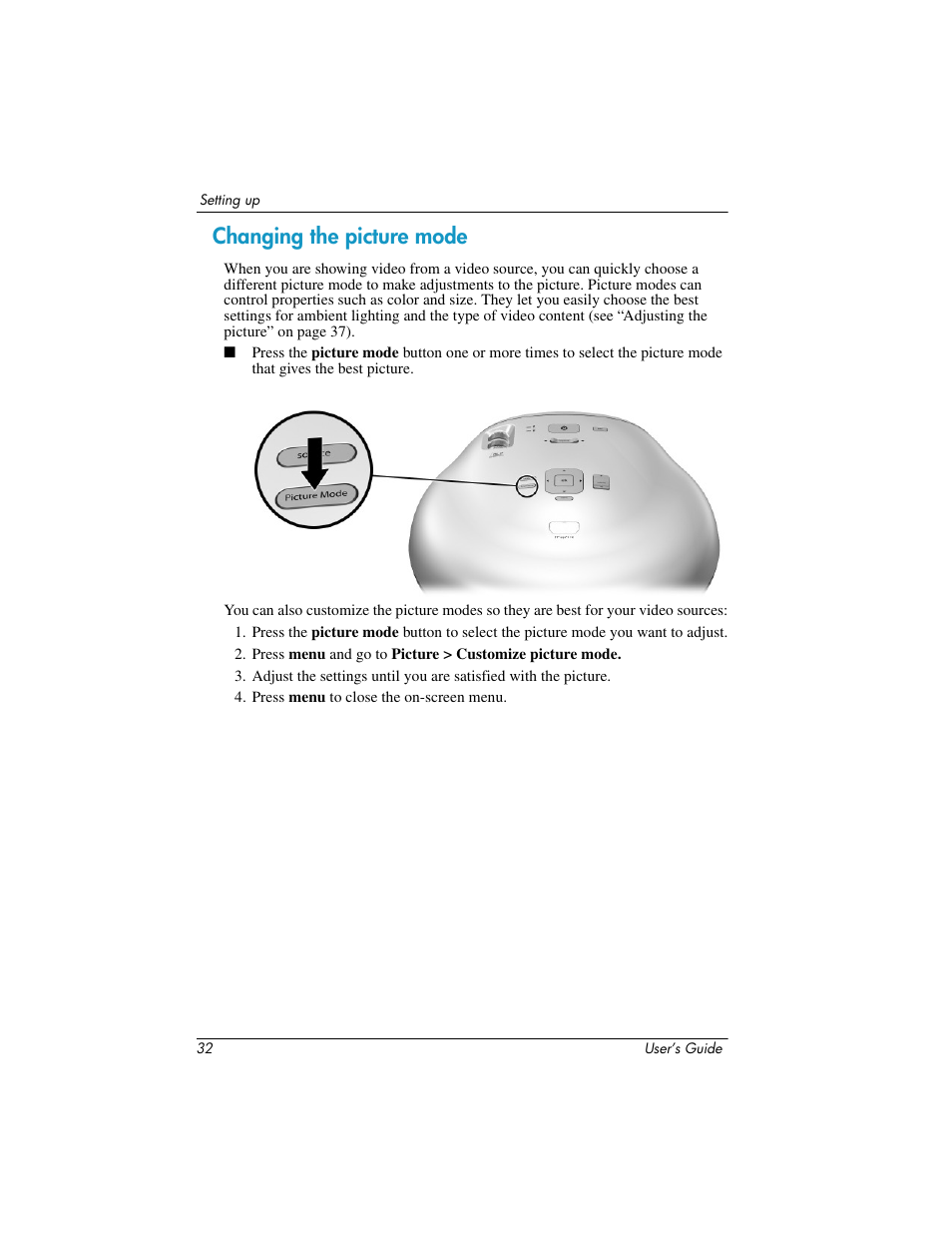 Changing the picture mode | HP ep7100 Series User Manual | Page 32 / 84