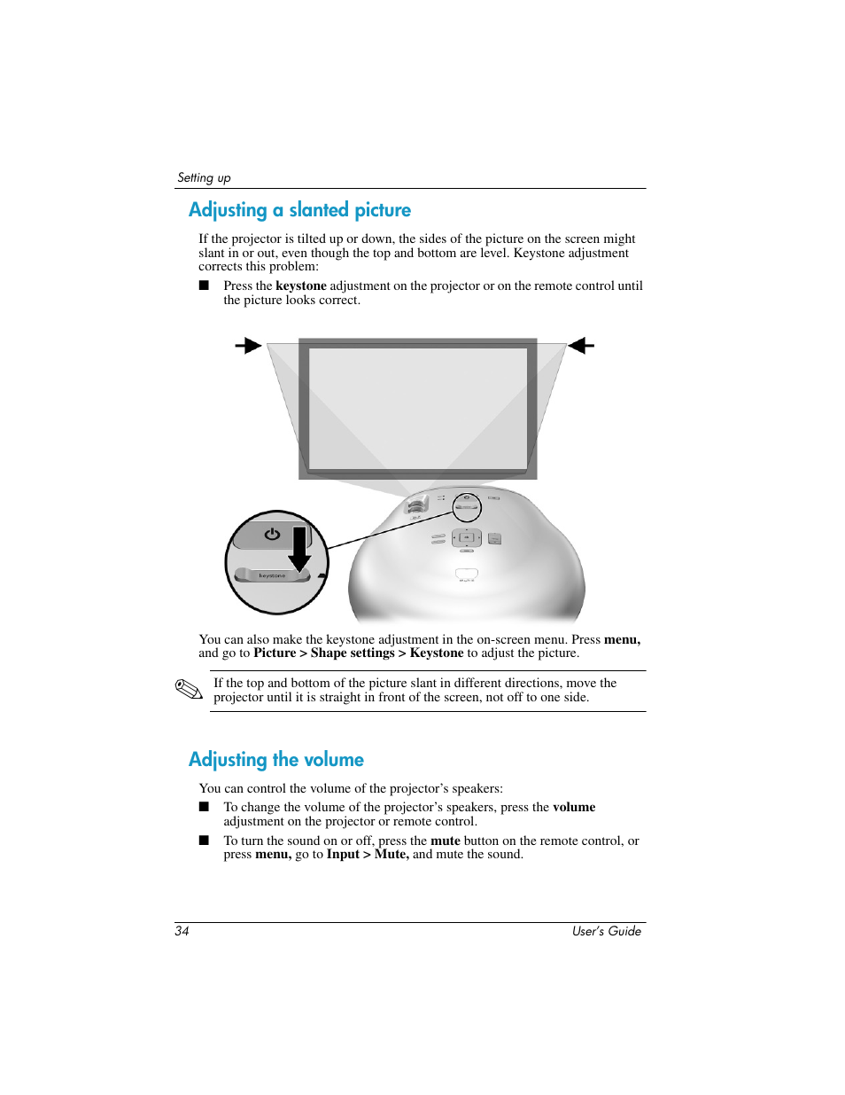 Adjusting a slanted picture, Adjusting the volume, Adjusting a slanted picture adjusting the volume | HP ep7100 Series User Manual | Page 34 / 84