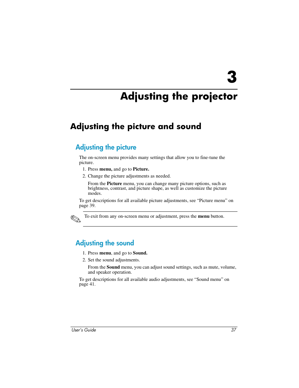 Adjusting the projector, Adjusting the picture and sound, Adjusting the picture | Adjusting the sound, 3 adjusting the projector, Adjusting the picture adjusting the sound | HP ep7100 Series User Manual | Page 37 / 84