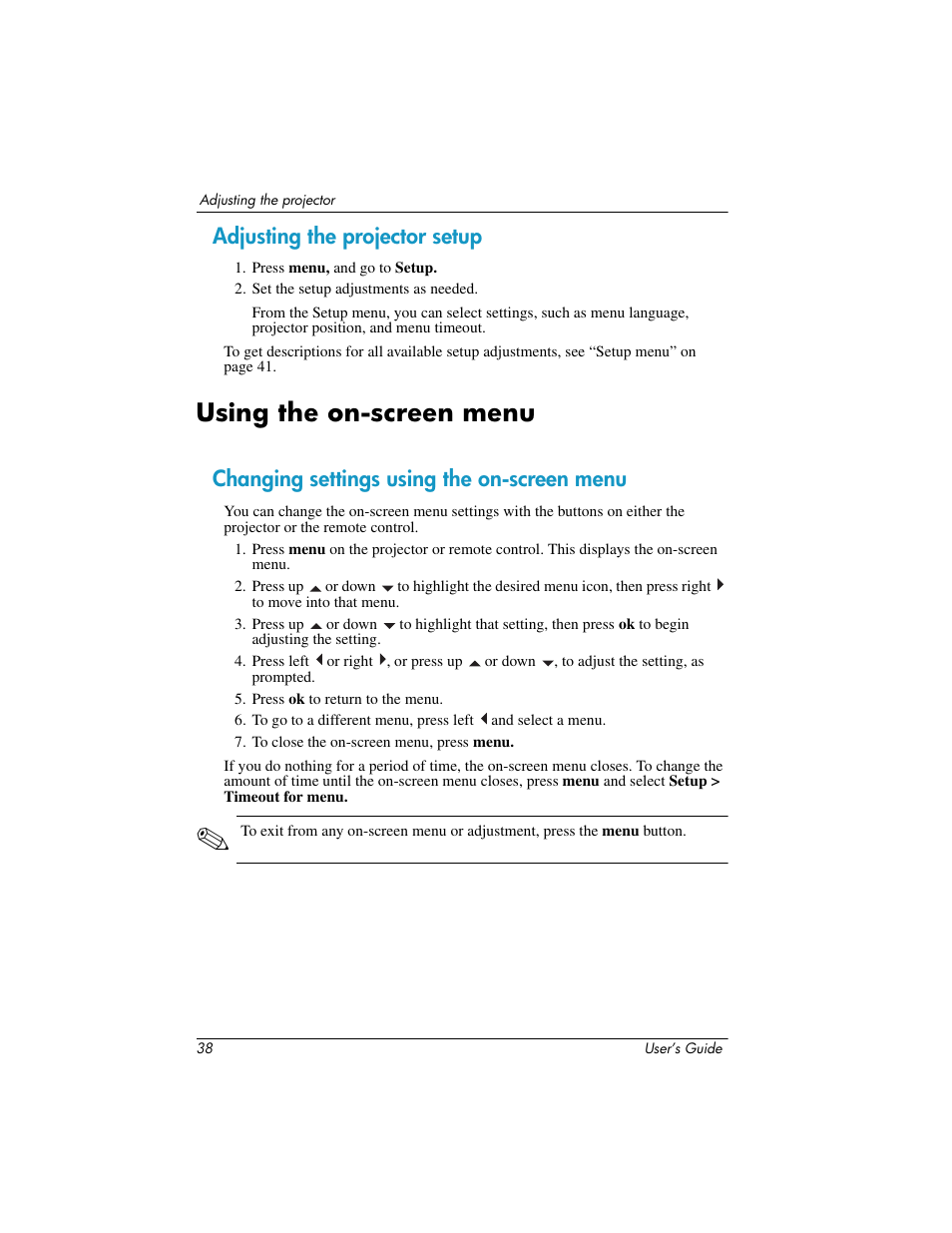 Adjusting the projector setup, Using the on-screen menu, Changing settings using the on-screen menu | HP ep7100 Series User Manual | Page 38 / 84