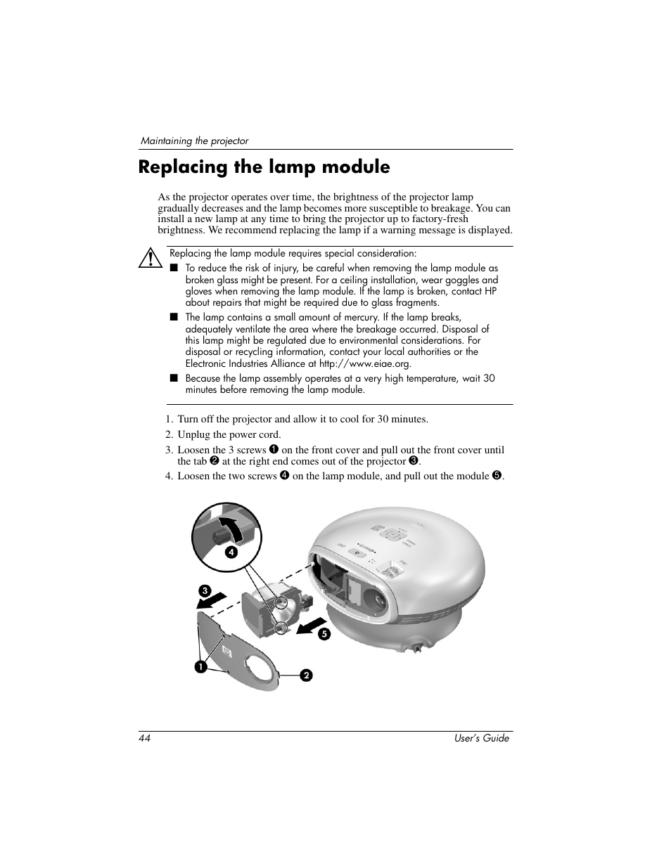 Replacing the lamp module | HP ep7100 Series User Manual | Page 44 / 84