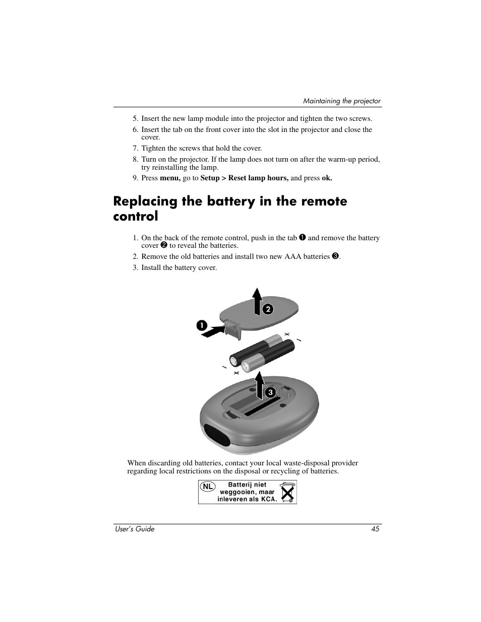 Replacing the battery in the remote control | HP ep7100 Series User Manual | Page 45 / 84