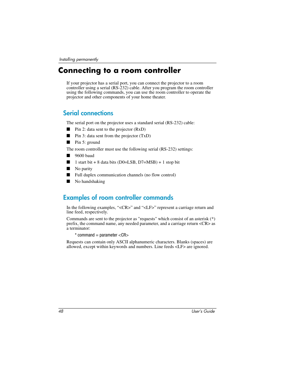 Connecting to a room controller, Serial connections, Examples of room controller commands | HP ep7100 Series User Manual | Page 48 / 84