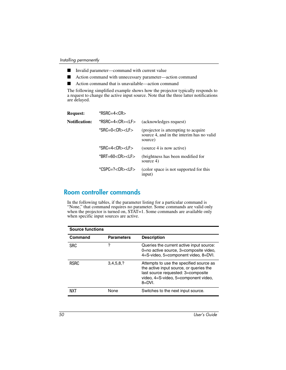 Room controller commands | HP ep7100 Series User Manual | Page 50 / 84