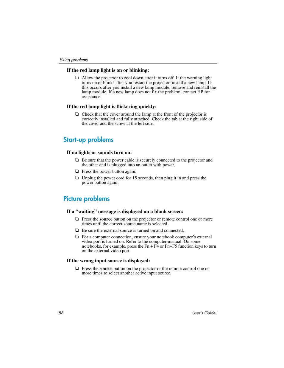 Start-up problems, Picture problems, Start-up problems picture problems | HP ep7100 Series User Manual | Page 58 / 84