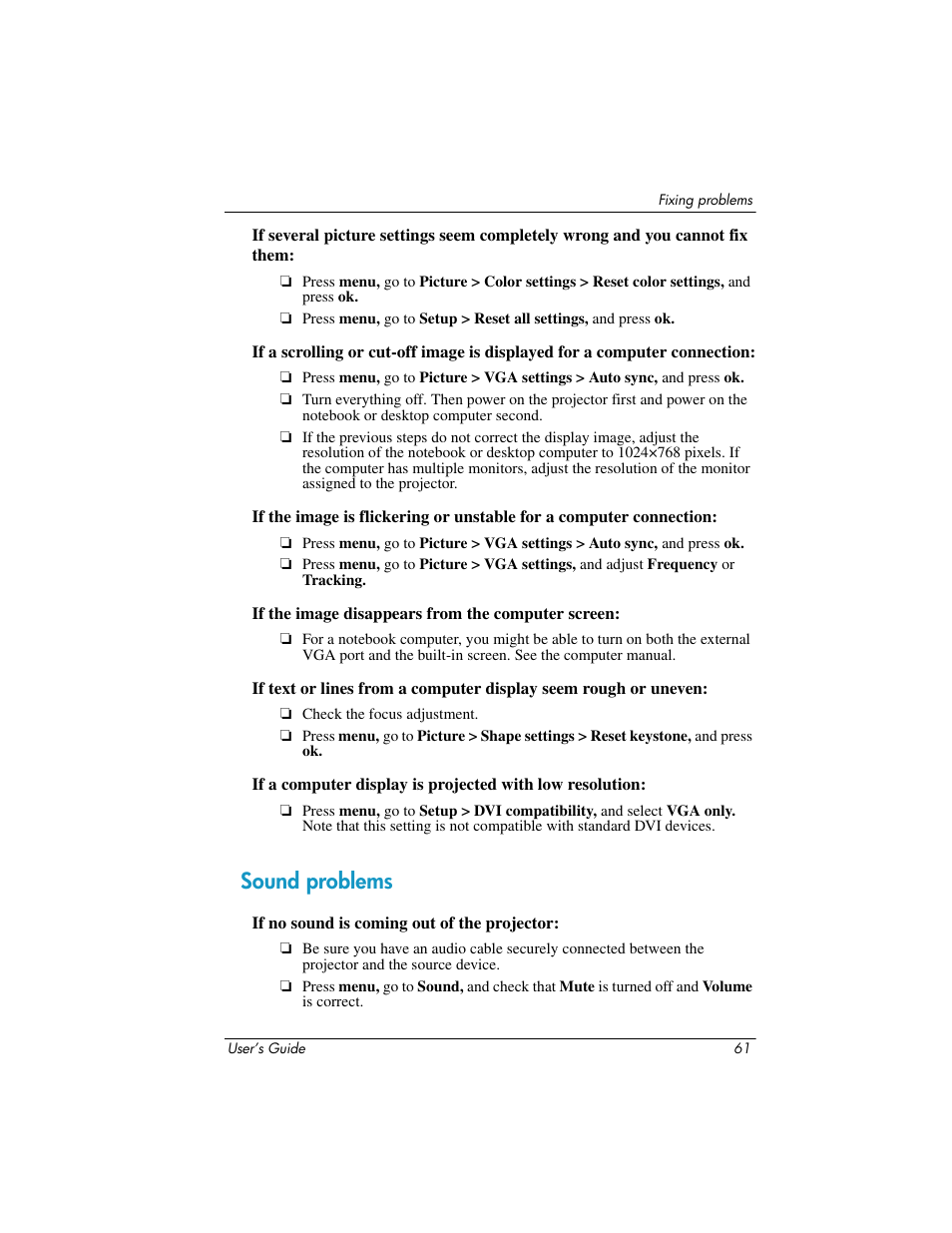 Sound problems | HP ep7100 Series User Manual | Page 61 / 84