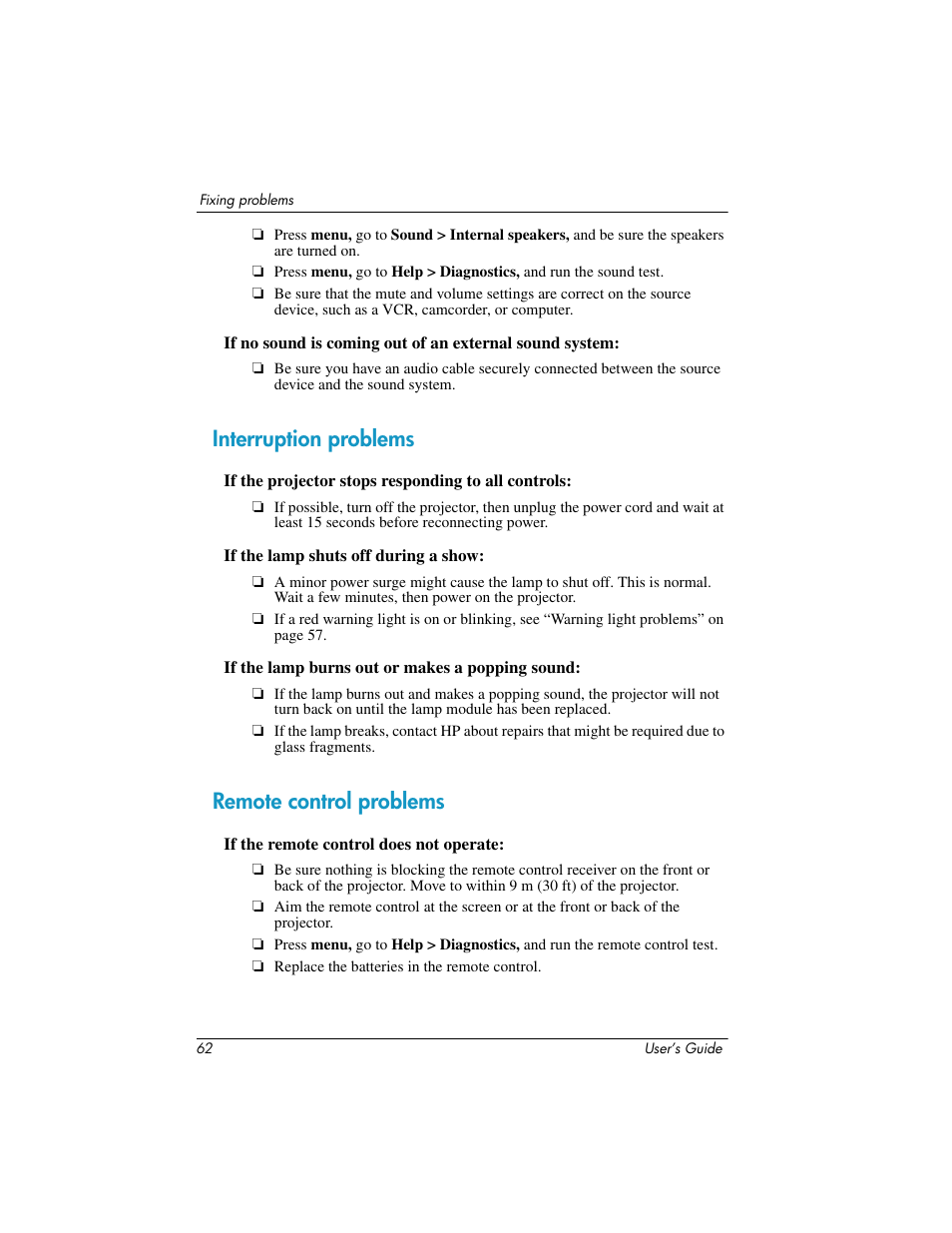 Interruption problems, Remote control problems, Interruption problems remote control problems | HP ep7100 Series User Manual | Page 62 / 84