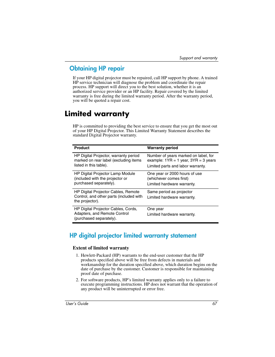 Obtaining hp repair, Limited warranty, Hp digital projector limited warranty statement | Extent of limited warranty | HP ep7100 Series User Manual | Page 67 / 84